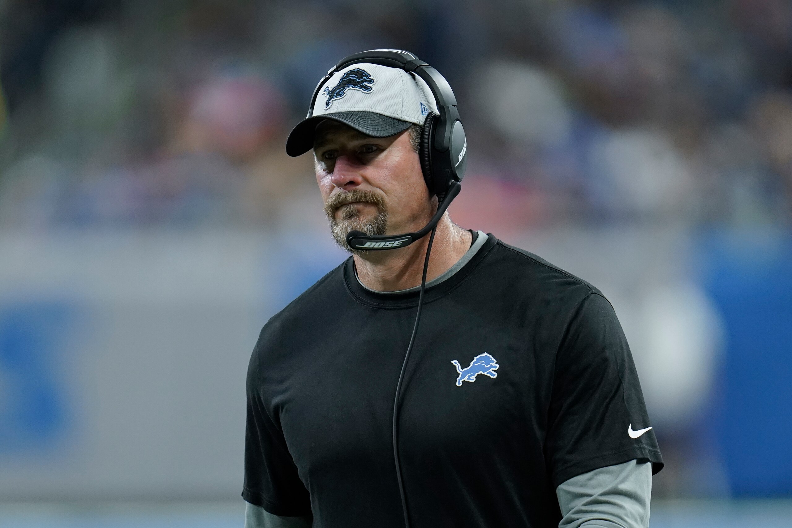 Detroit Lions head coach Dan Campbell watches against the Chicago Bears during an NFL football game in Detroit, Thursday, Nov. 25, 2021. (AP Photo/Paul Sancya)