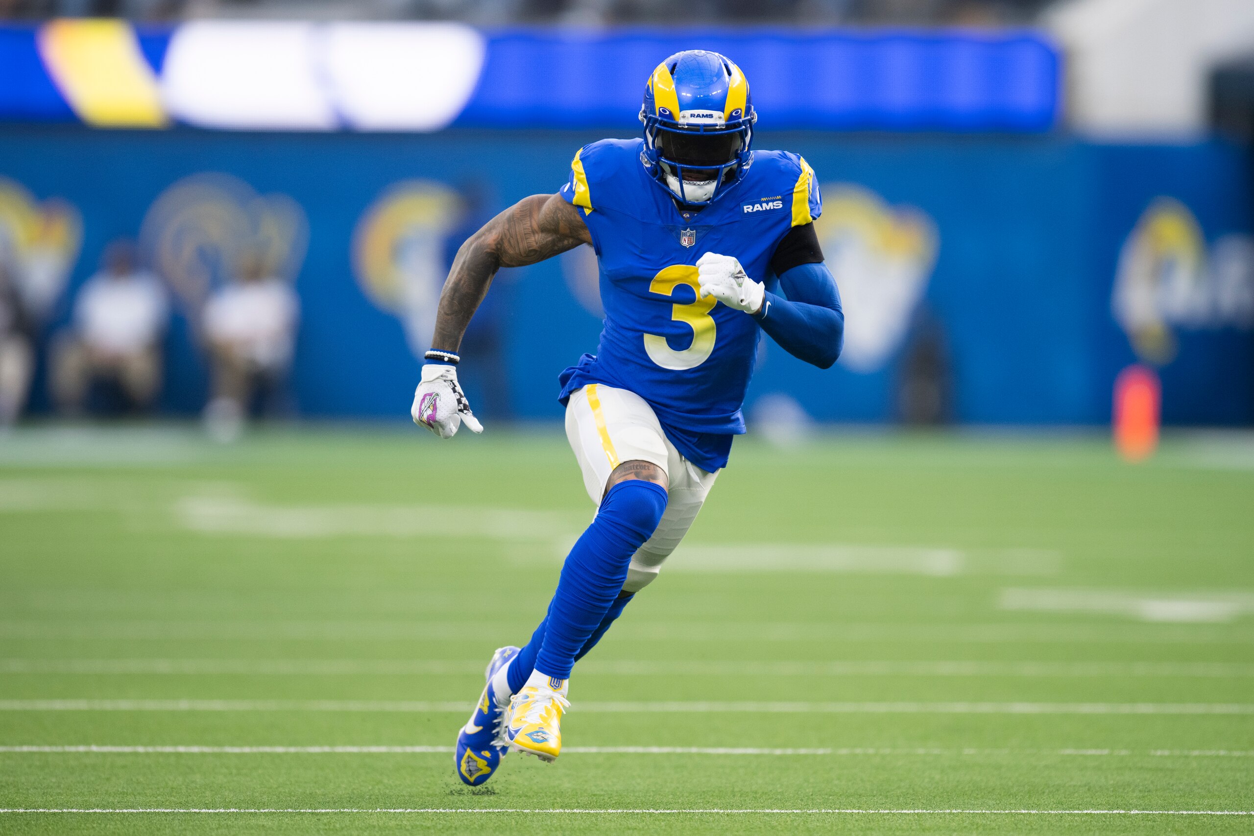 Los Angeles Rams wide receiver Odell Beckham Jr. (3) runs during an NFL football game against the Jacksonville Jaguars Sunday, Dec. 5, 2021, in Inglewood, Calif. (AP Photo/Kyusung Gong)