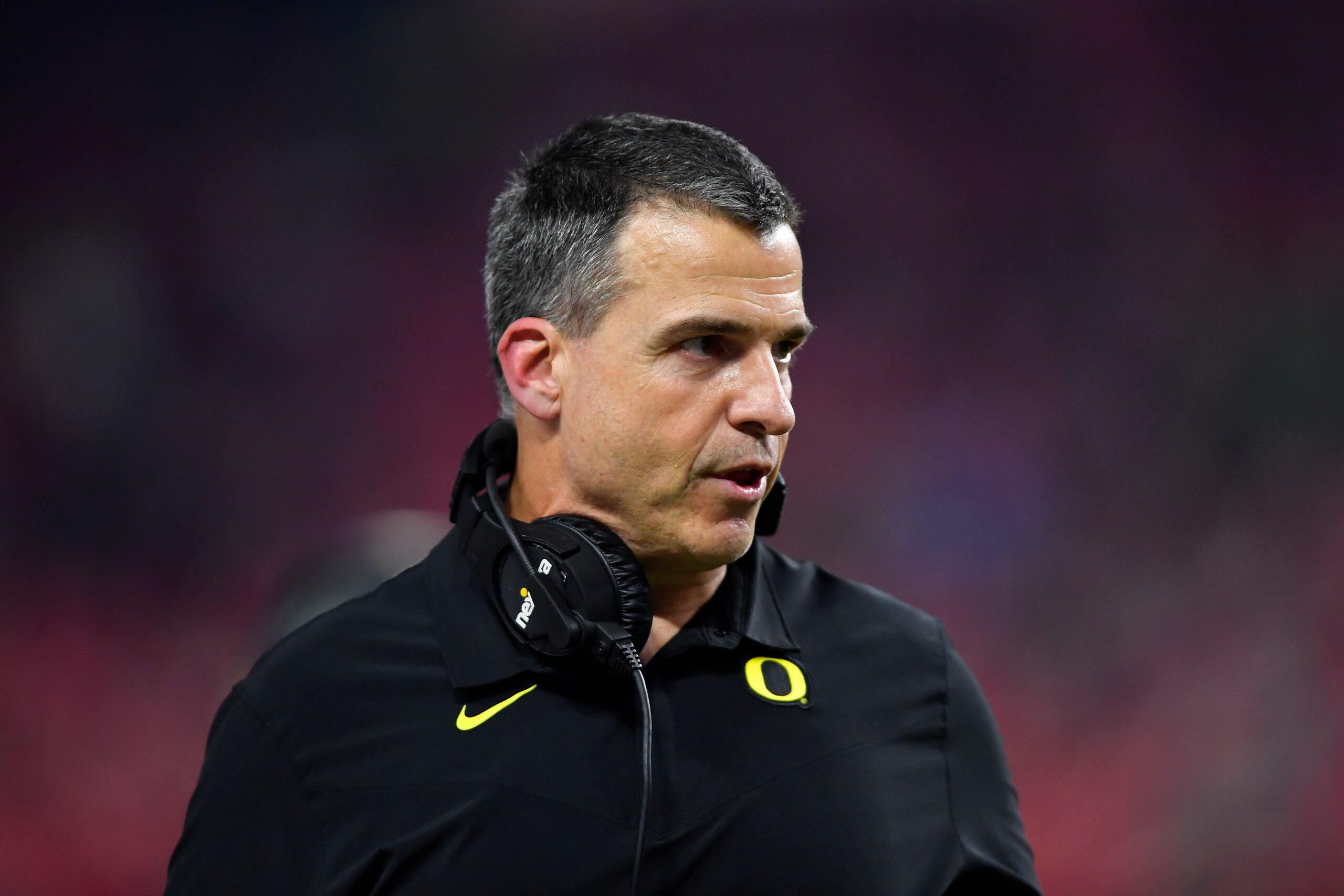LAS VEGAS, NEVADA - DECEMBER 03: Head coach Mario Cristobal of the Oregon Ducks looks on during the second quarter of the PAC-12 Football Championship football game against the Utah Utes at Allegiant Stadium on December 03, 2021 in Las Vegas, Nevada. (Photo by Alika Jenner/Getty Images) LAS VEGAS, NEVADA - DECEMBER 03: Head coach Mario Cristobal of the Oregon Ducks looks on during the second quarter of the PAC-12 Football Championship football game against the Utah Utes at Allegiant Stadium on December 03, 2021 in Las Vegas, Nevada. (Photo by Alika Jenner/Getty Images)