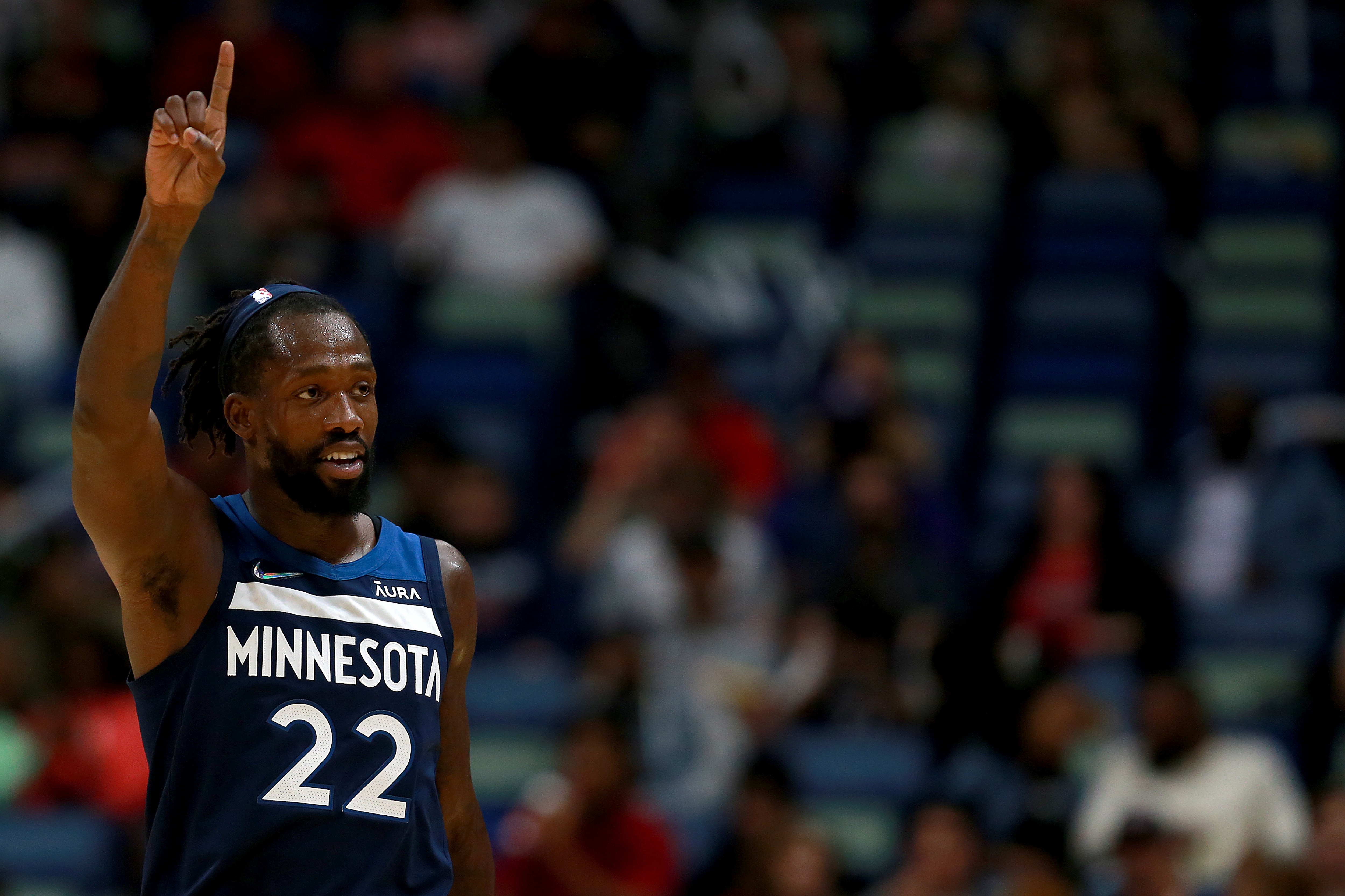 NEW ORLEANS, LOUISIANA - NOVEMBER 22: Patrick Beverley #22 of the Minnesota Timberwolves reacts after scoring a three point basket during the third quarter of a NBA game against the New Orleans Pelicans at Smoothie King Center on November 22, 2021 in New Orleans, Louisiana. NOTE TO USER: User expressly acknowledges and agrees that, by downloading and or using this photograph, User is consenting to the terms and conditions of the Getty Images License Agreement. (Photo by Sean Gardner/Getty Images) (Photo by Sean Gardner/Getty Images)