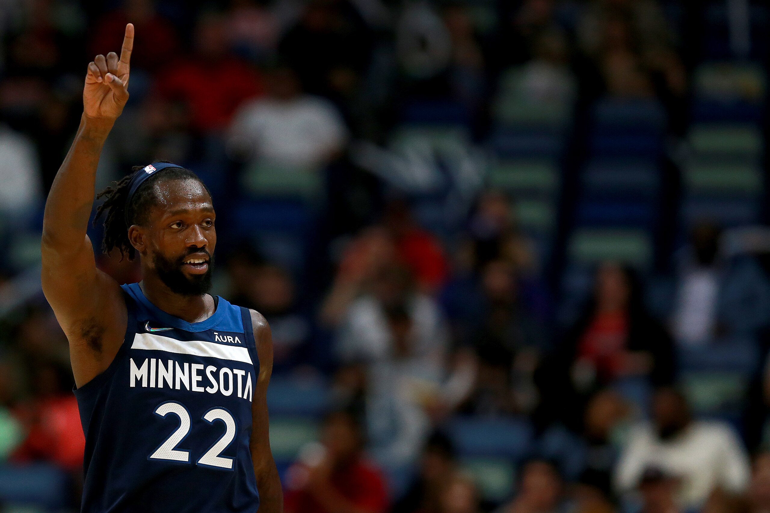 NEW ORLEANS, LOUISIANA - NOVEMBER 22: Patrick Beverley #22 of the Minnesota Timberwolves reacts after scoring a three point basket during the third quarter of a NBA game against the New Orleans Pelicans at Smoothie King Center on November 22, 2021 in New Orleans, Louisiana. NOTE TO USER: User expressly acknowledges and agrees that, by downloading and or using this photograph, User is consenting to the terms and conditions of the Getty Images License Agreement. (Photo by Sean Gardner/Getty Images) (Photo by Sean Gardner/Getty Images)