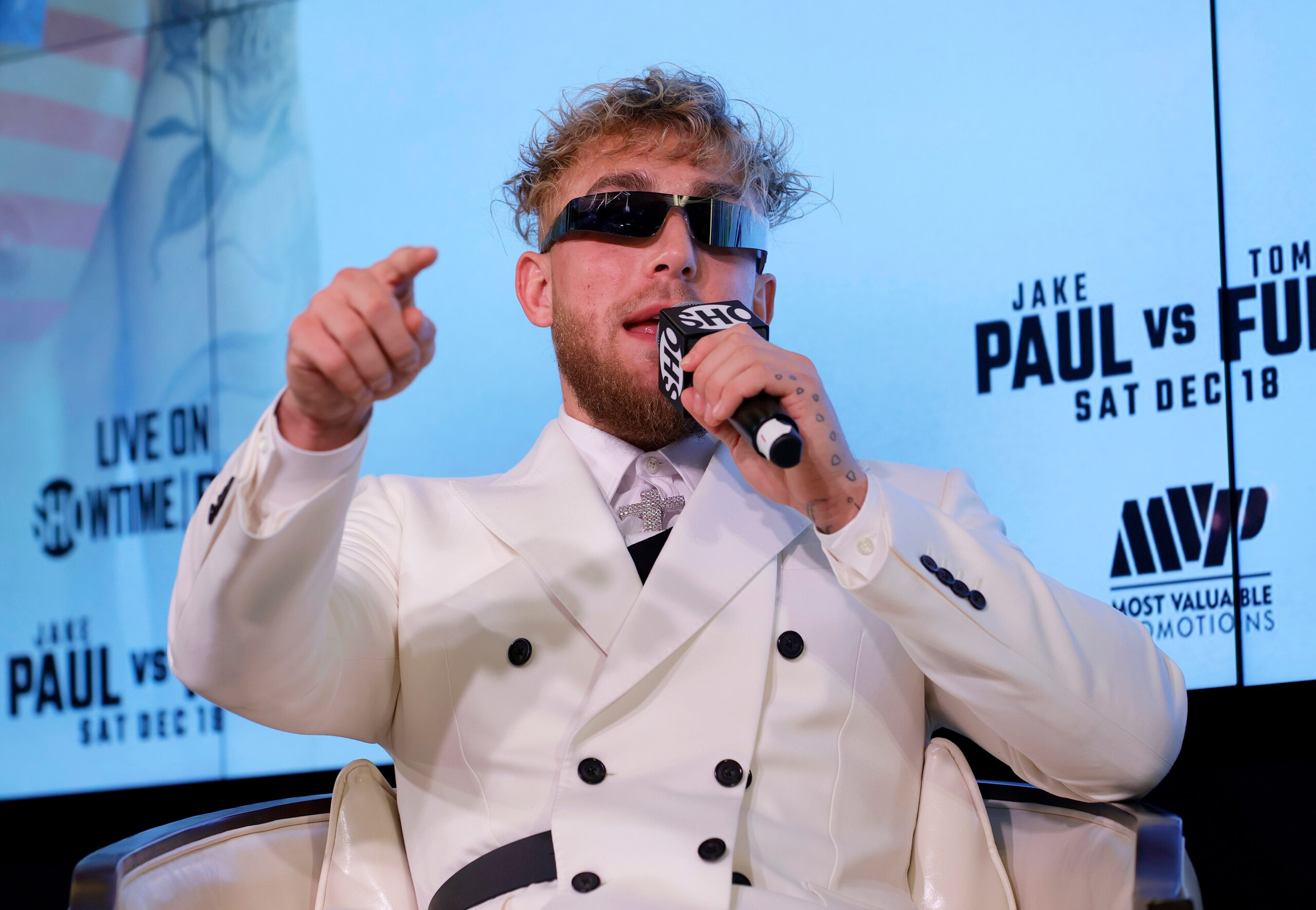 LAS VEGAS, NEVADA - NOVEMBER 06:  Jake Paul speaks during a news conference to promote his Showtime pay-per-view boxing event against Tommy Fury at Resorts World Las Vegas on November 6, 2021 in Las Vegas, Nevada. Paul will face Fury in an eight-round cruiserweight bout, at a 192-pound catchweight, at Amalie Arena in Tampa, Florida on December 18.  (Photo by Ethan Miller/Getty Images)