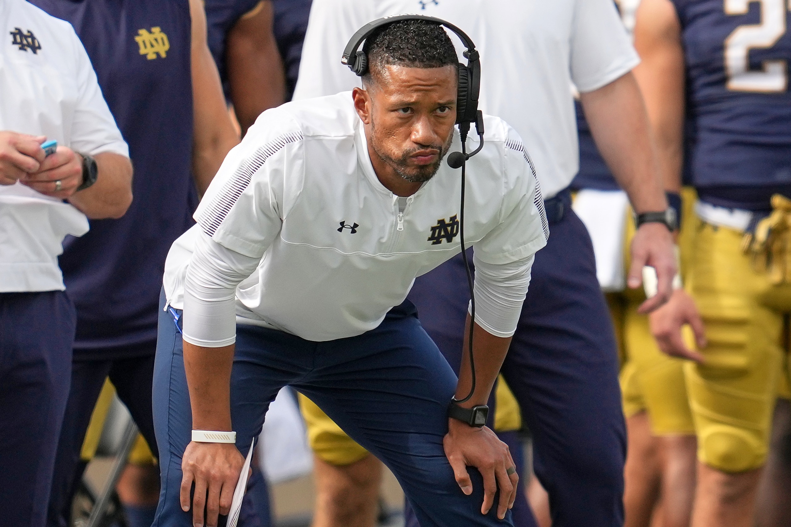 SOUTH BEND, IN - OCTOBER 02: Notre Dame Fighting Irish linebackers coach Marcus Freeman looks on during a game between the Notre Dame Fighting Irish and the Cincinnati Bearcats on October 2, 2021, in South Bend, IN. (Photo by Robin Alam/Icon Sportswire via Getty Images)
