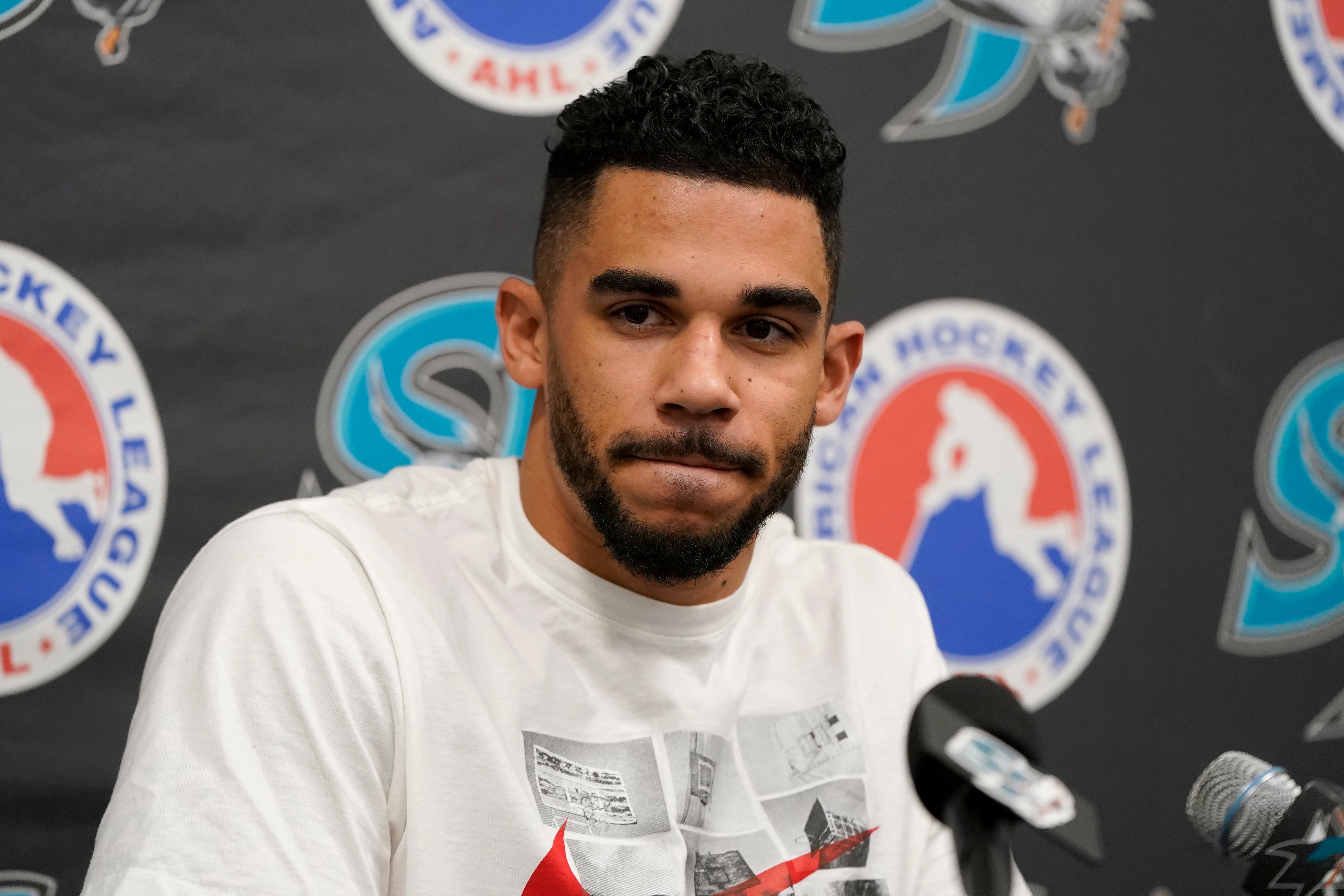 San Jose Barracuda's Evander Kane speaks at a news conference after a hockey practice in San Jose, Calif., Tuesday, Nov. 30, 2021. The Barracudas are the minor league affiliate of the San Jose Sharks. (AP Photo/Jeff Chiu)