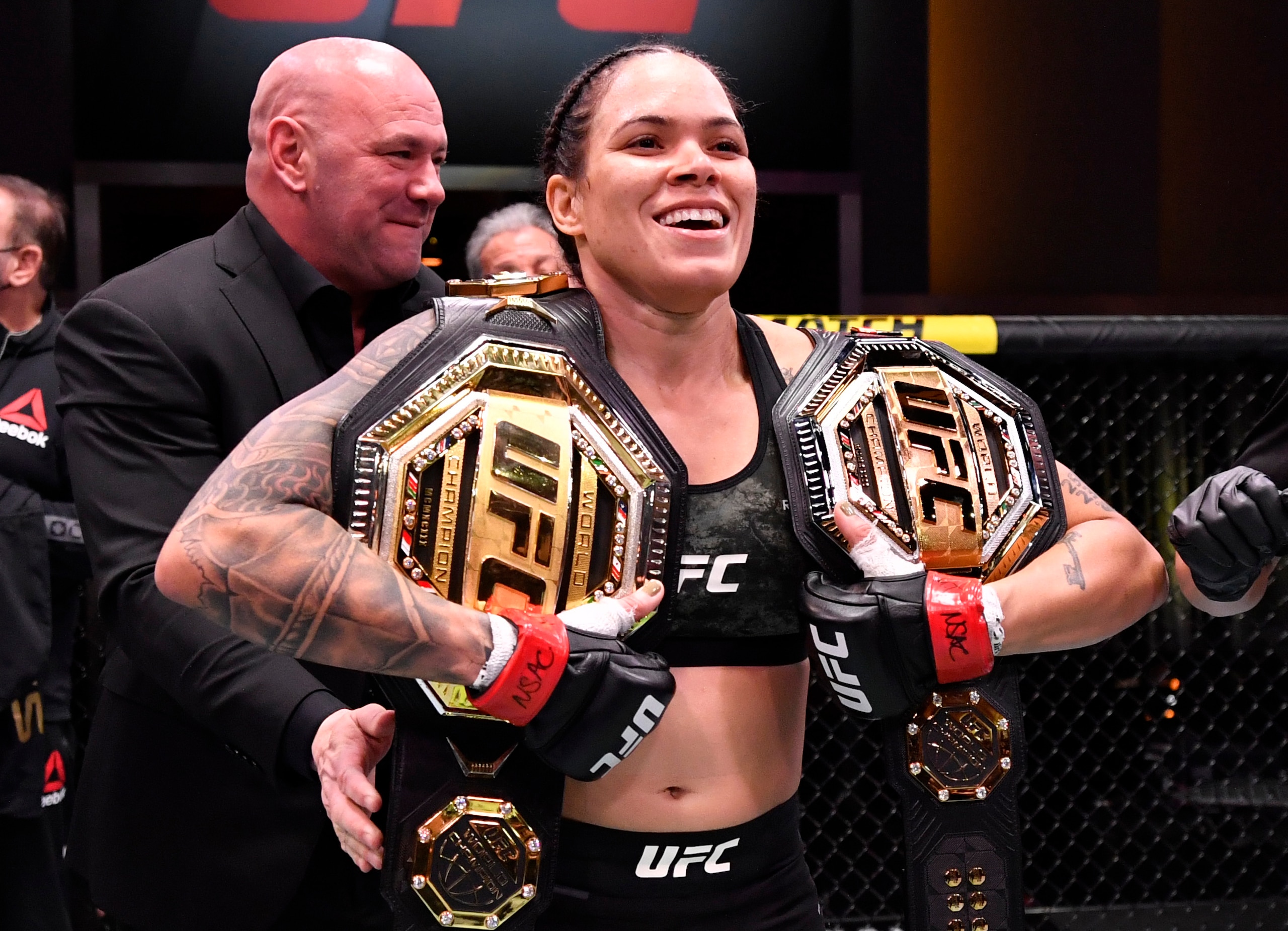 LAS VEGAS, NEVADA - MARCH 06: Amanda Nunes of Brazil reacts after her victory over Megan Anderson of Australia in their UFC featherweight championship fight during the UFC 259 event at UFC APEX on March 06, 2021 in Las Vegas, Nevada. (Photo by Jeff Bottari/Zuffa LLC)