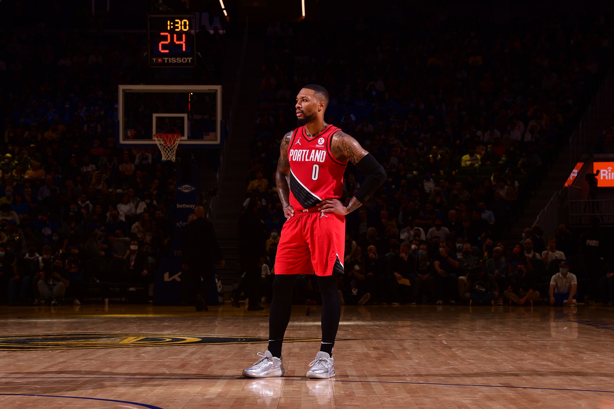 SAN FRANCISCO, CA - NOVEMBER 26: Damian Lillard #0 of the Portland Trail Blazers looks on during the game against the Golden State Warriors on November 26, 2021 at Chase Center in San Francisco, California. NOTE TO USER: User expressly acknowledges and agrees that, by downloading and or using this photograph, user is consenting to the terms and conditions of Getty Images License Agreement. Mandatory Copyright Notice: Copyright 2021 NBAE (Photo by Noah Graham/NBAE via Getty Images)