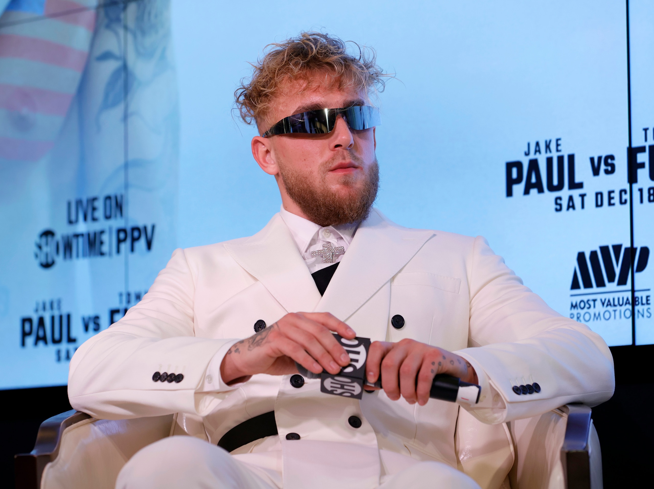 LAS VEGAS, NEVADA - NOVEMBER 06:  Jake Paul attends a news conference to promote his Showtime pay-per-view boxing event against Tommy Fury at Resorts World Las Vegas on November 6, 2021 in Las Vegas, Nevada. Paul will face Fury in an eight-round cruiserweight bout, at a 192-pound catchweight, at Amalie Arena in Tampa, Florida on December 18.  (Photo by Ethan Miller/Getty Images)