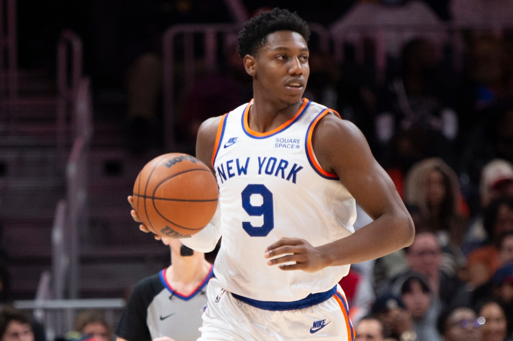 New York Knicks guard RJ Barrett (9) shown during the second half of an NBA basketball game against the Atlanta Hawks Saturday, Nov. 27, 2021, in Atlanta. (AP Photo/Hakim Wright Sr.)