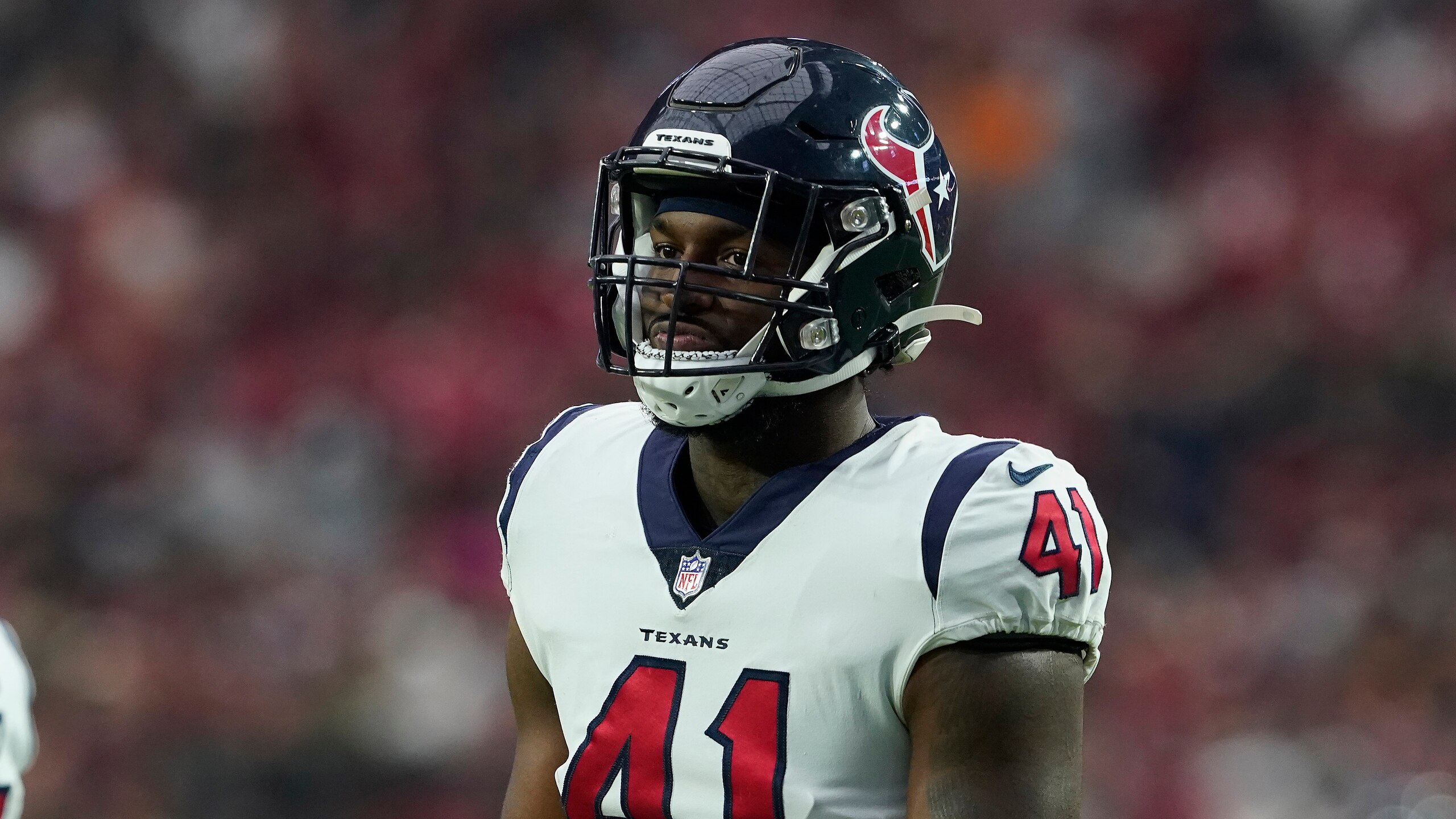 Houston Texan linebacker Zach Cunningham (41) during the first half of an NFL football game with the Arizona Cardinals, Sunday, Oct. 24, 2021, in Glendale, Ariz. (AP Photo/Darryl Webb)