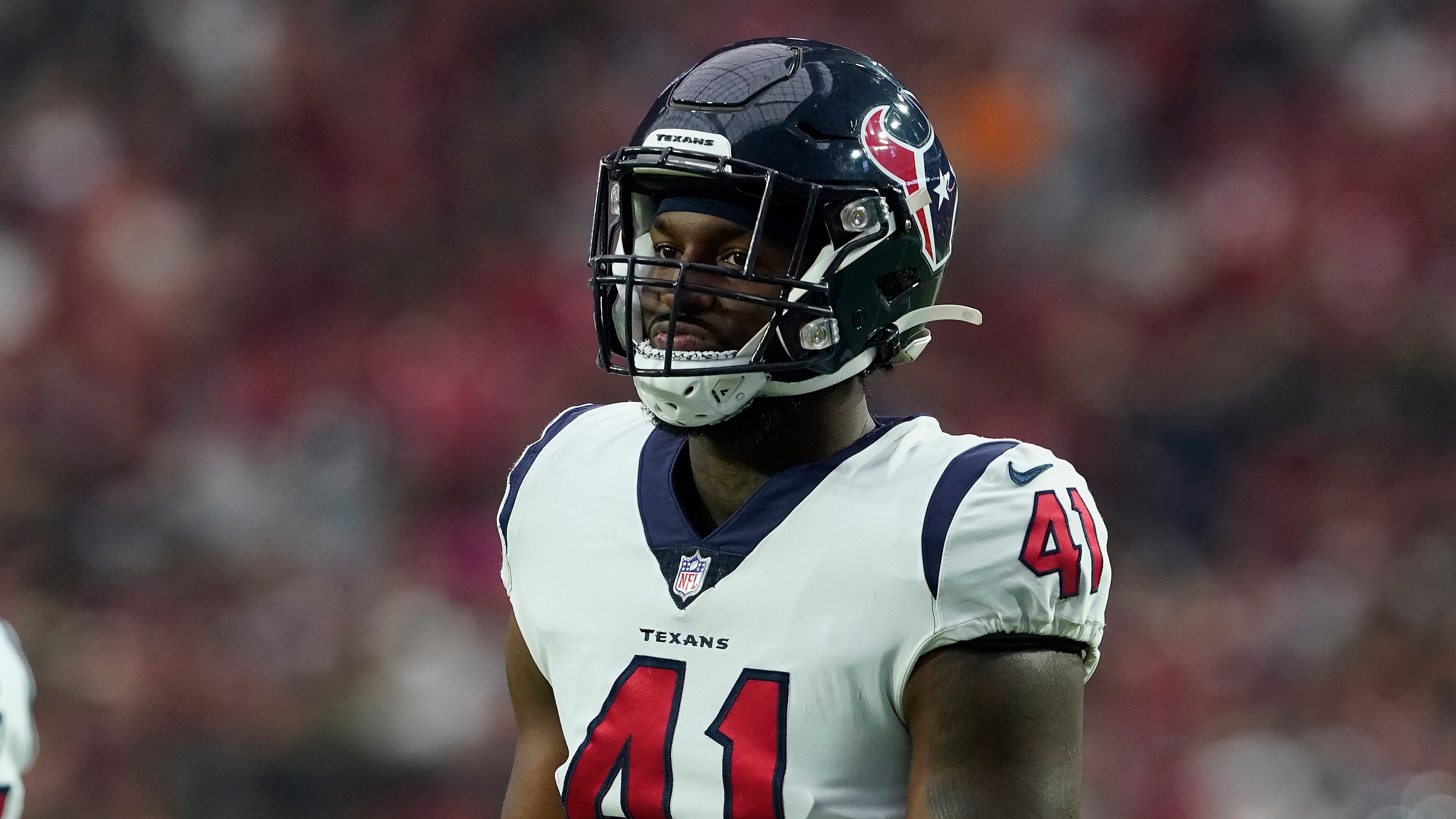 Houston Texan linebacker Zach Cunningham (41) during the first half of an NFL football game with the Arizona Cardinals, Sunday, Oct. 24, 2021, in Glendale, Ariz. (AP Photo/Darryl Webb)