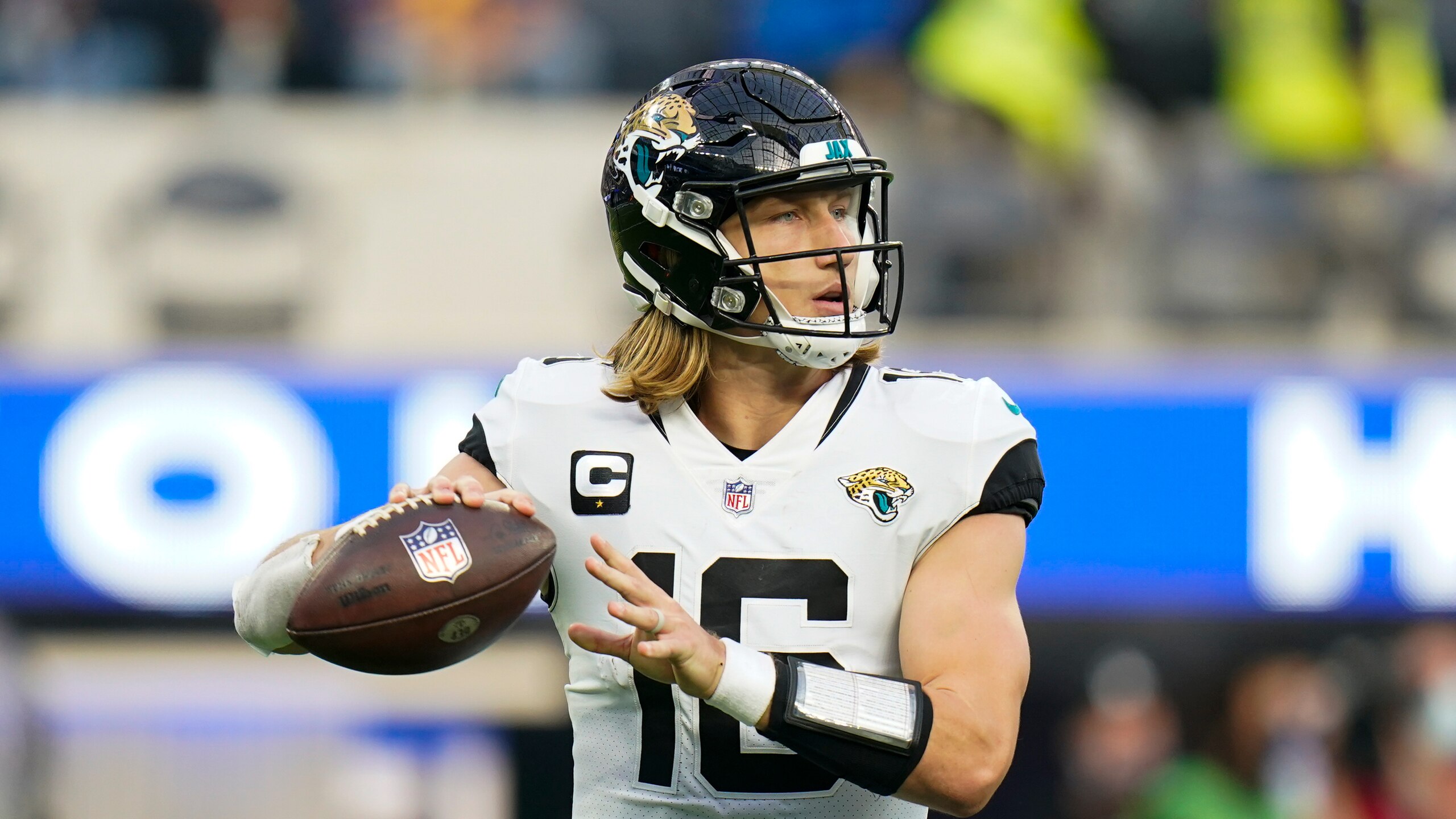 Jacksonville Jaguars quarterback Trevor Lawrence throws a pass during an NFL football game against the Los Angeles Rams Sunday, Dec. 5, 2021, in Inglewood, Calif. (AP Photo/Jae C. Hong)