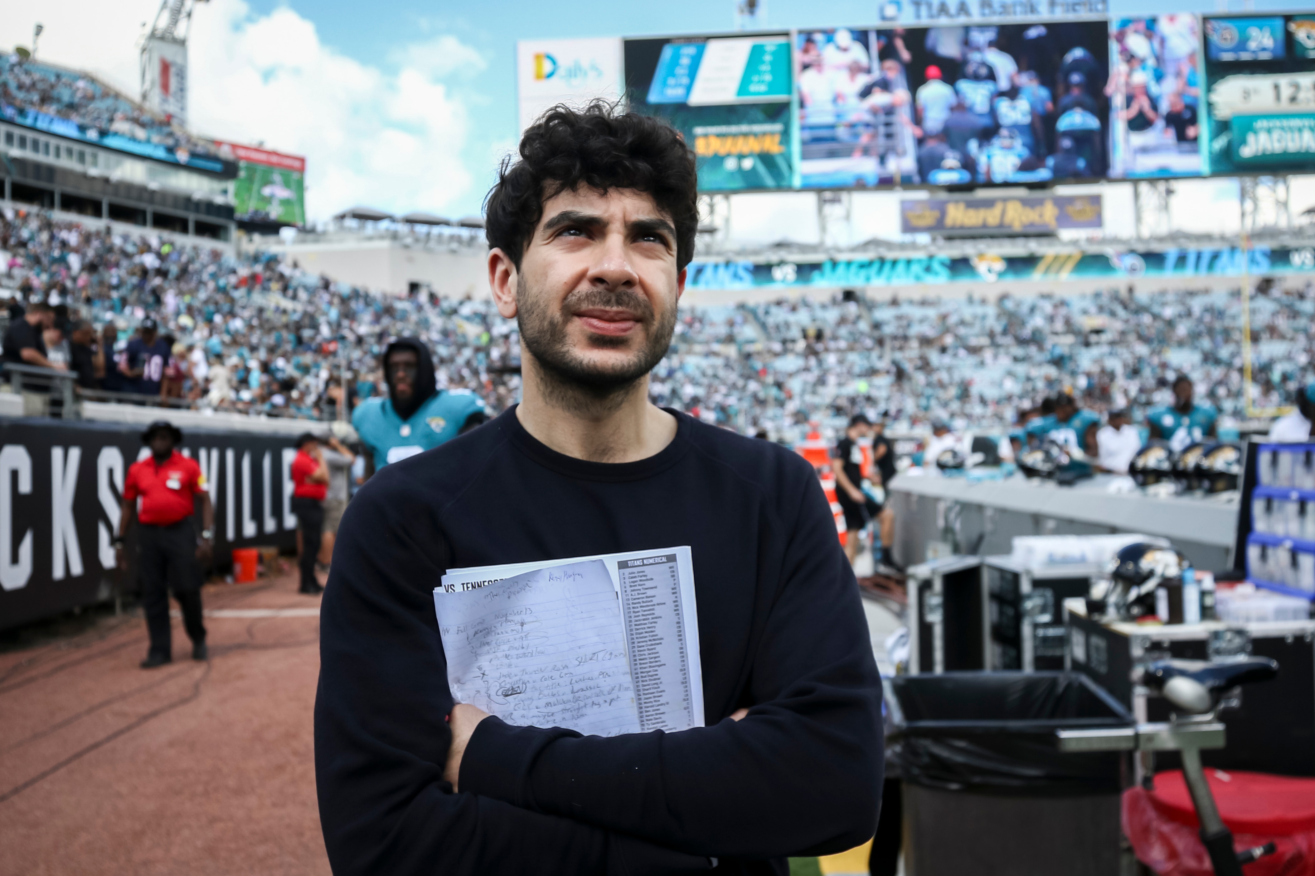 Tony Khan, founder, co-owner, president, and CEO of the All Elite Wrestling attends an NFL football game between the Jacksonville Jaguars and the Tennessee Titans, Sunday, Oct. 10, 2021, in Jacksonville, Fla. (AP Photo/Stephen B. Morton)