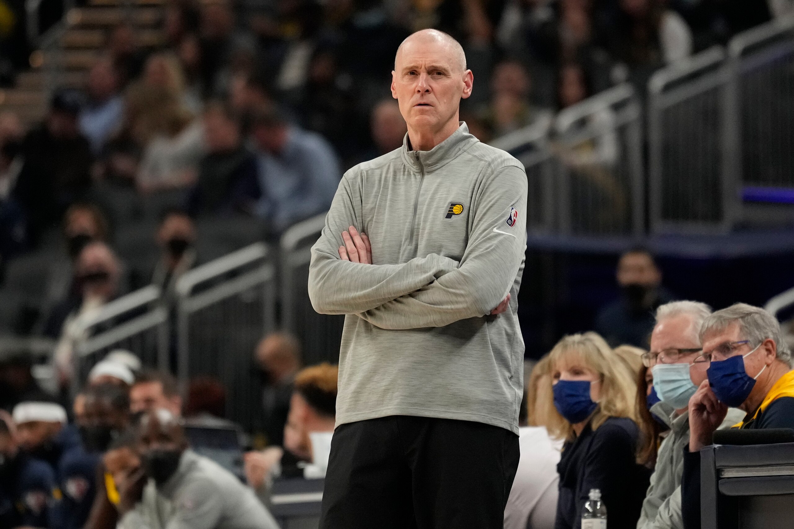 Indiana Pacers coach Rick Carlisle watches the team play the Miami Heat during the first half of an NBA basketball game in Indianapolis, Friday, Dec. 3, 2021. (AP Photo/AJ Mast)