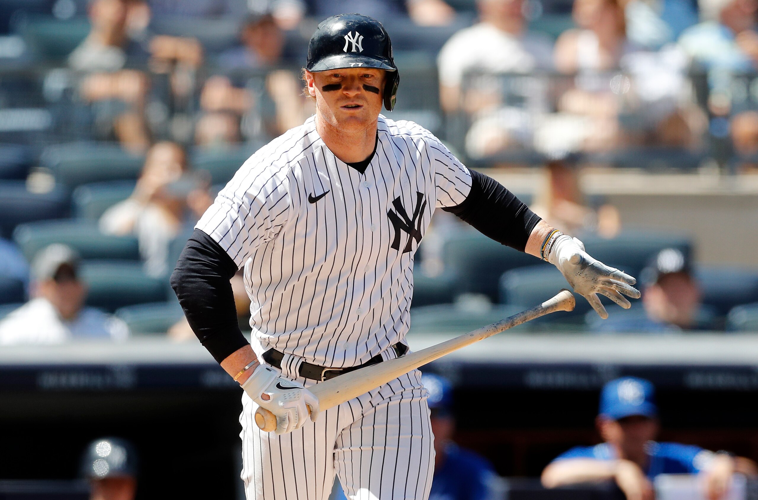 NEW YORK, NEW YORK - JUNE 24: (NEW YORK DAILIES OUT)  Clint Frazier #77 of the New York Yankees in action against the Kansas City Royals at Yankee Stadium on June 24, 2021 in New York City.  The Yankees defeated the Royals 8-1. (Photo by Jim McIsaac/Getty Images)