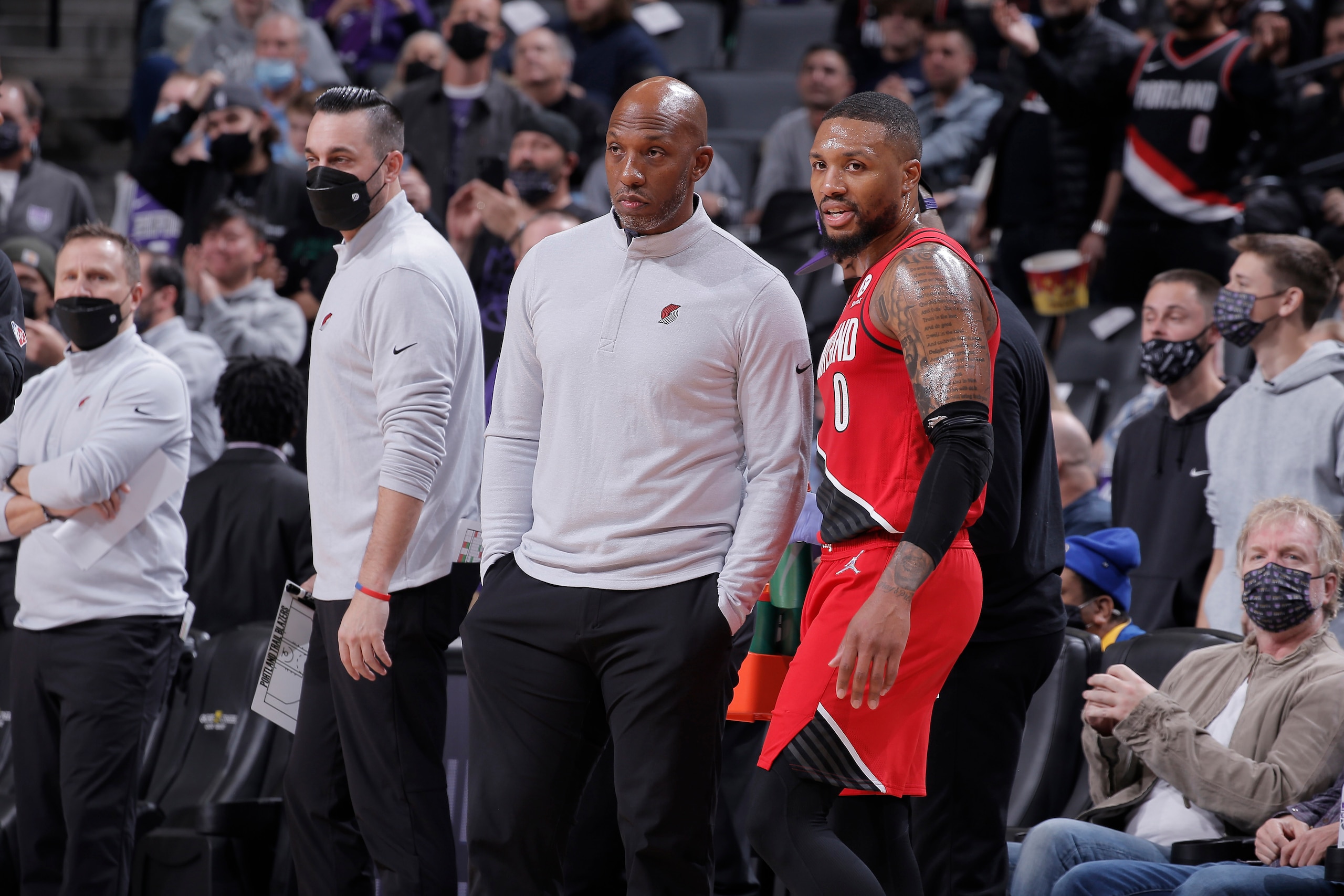 SACRAMENTO, CA - NOVEMBER 24: Head coach Chauncey Billups of the Portland Trail Blazers coaches against the Sacramento Kings on November 24, 2021 at Golden 1 Center in Sacramento, California. NOTE TO USER: User expressly acknowledges and agrees that, by downloading and or using this photograph, User is consenting to the terms and conditions of the Getty Images Agreement. Mandatory Copyright Notice: Copyright 2021 NBAE (Photo by Rocky Widner/NBAE via Getty Images)