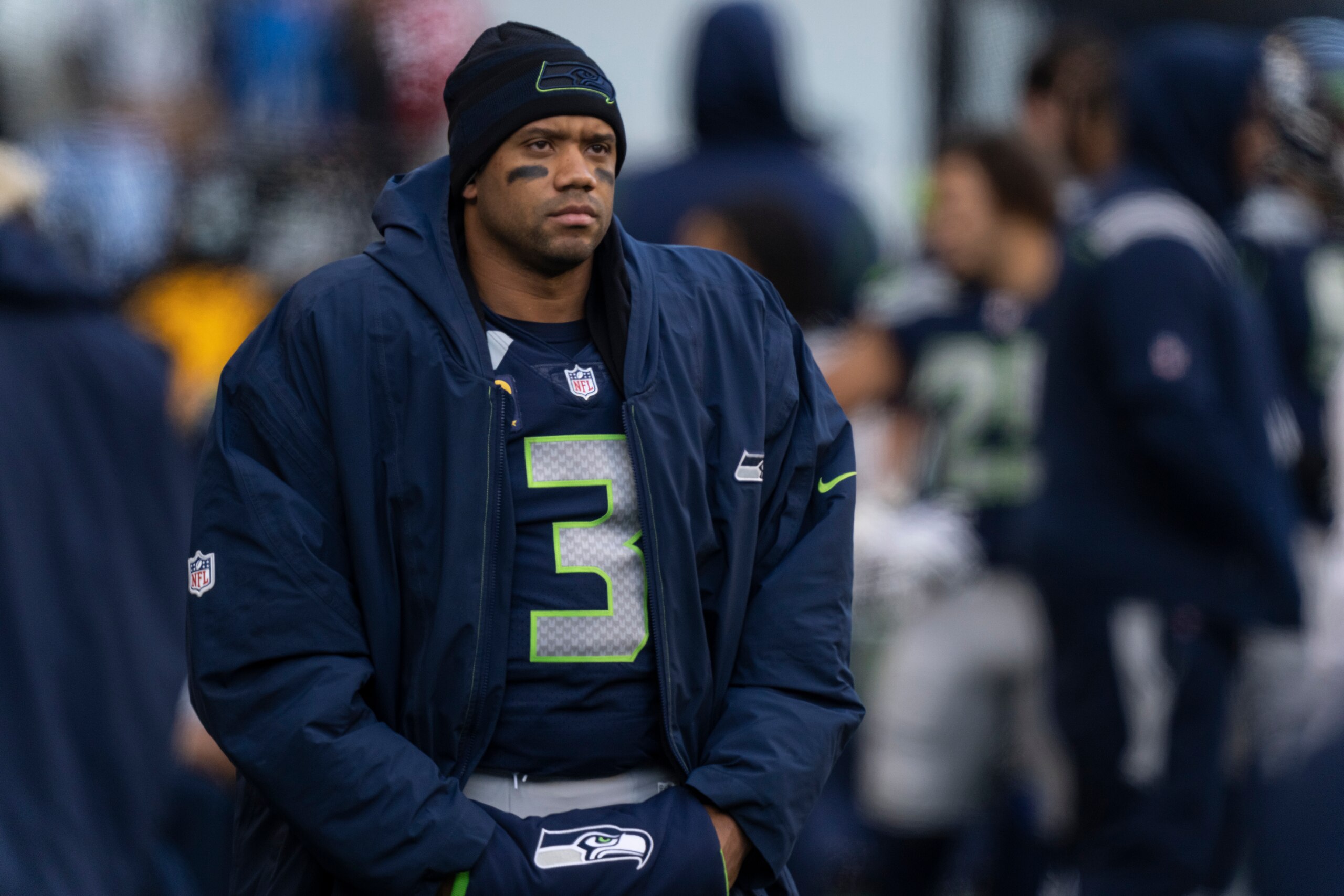 Seattle Seahawks quarterback Russell Wilson is pictured on the sideline during an NFL football game against the San Francisco 49ers, Sunday, Dec. 5, 2021, in Seattle. The Seahawks won 30-23. (AP Photo/Stephen Brashear)