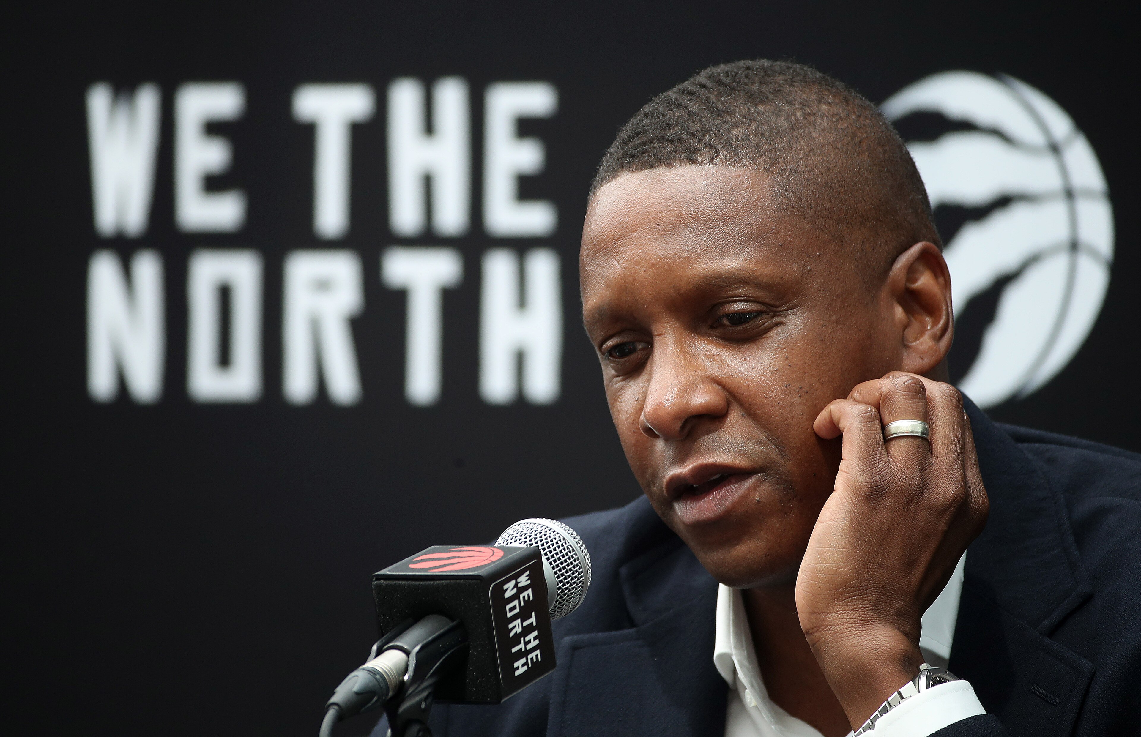 Toronto, ON- August 18 - Toronto Raptors President Masai Ujiri holds a press conference to address his new title, vice-chairman, his new contract, his relationship with Kyle Lowry, and more at the X Hotel on the Canadian National Exhibition in Toronto. August 18, 2021. (Steve Russell/Toronto Star via Getty Images) Toronto, ON- August 18 - Toronto Raptors President Masai Ujiri holds a press conference to address his new title, vice-chairman, his new contract, his relationship with Kyle Lowry, and more at the X Hotel on the Canadian National Exhibition in Toronto. August 18, 2021. (Steve Russell/Toronto Star via Getty Images)