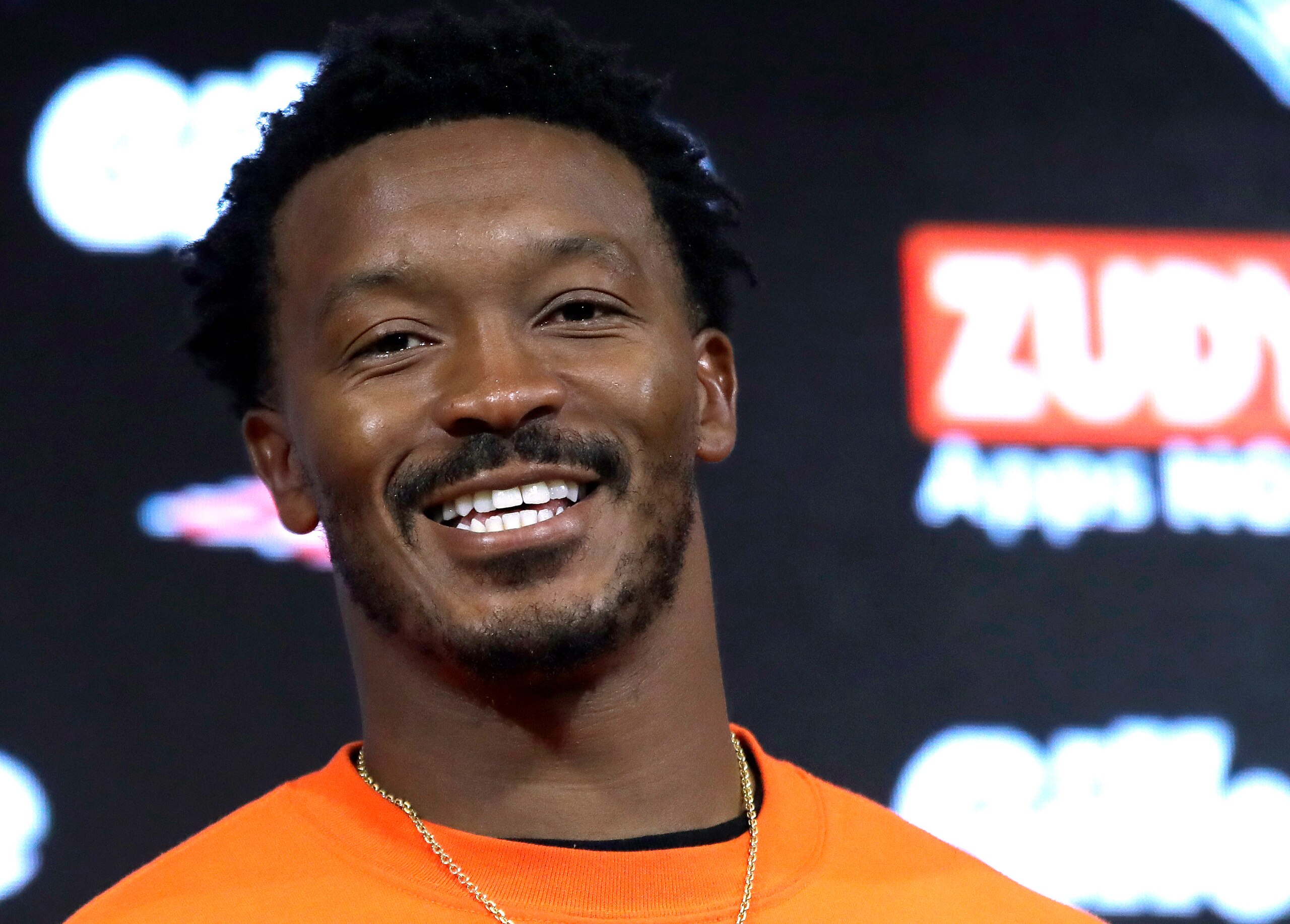 New England Patriots wide receiver Demaryius Thomas speaks to the media following an NFL preseason football game against the New York Giants, Thursday, Aug. 29, 2019, in Foxborough, Mass. (AP Photo/Elise Amendola)