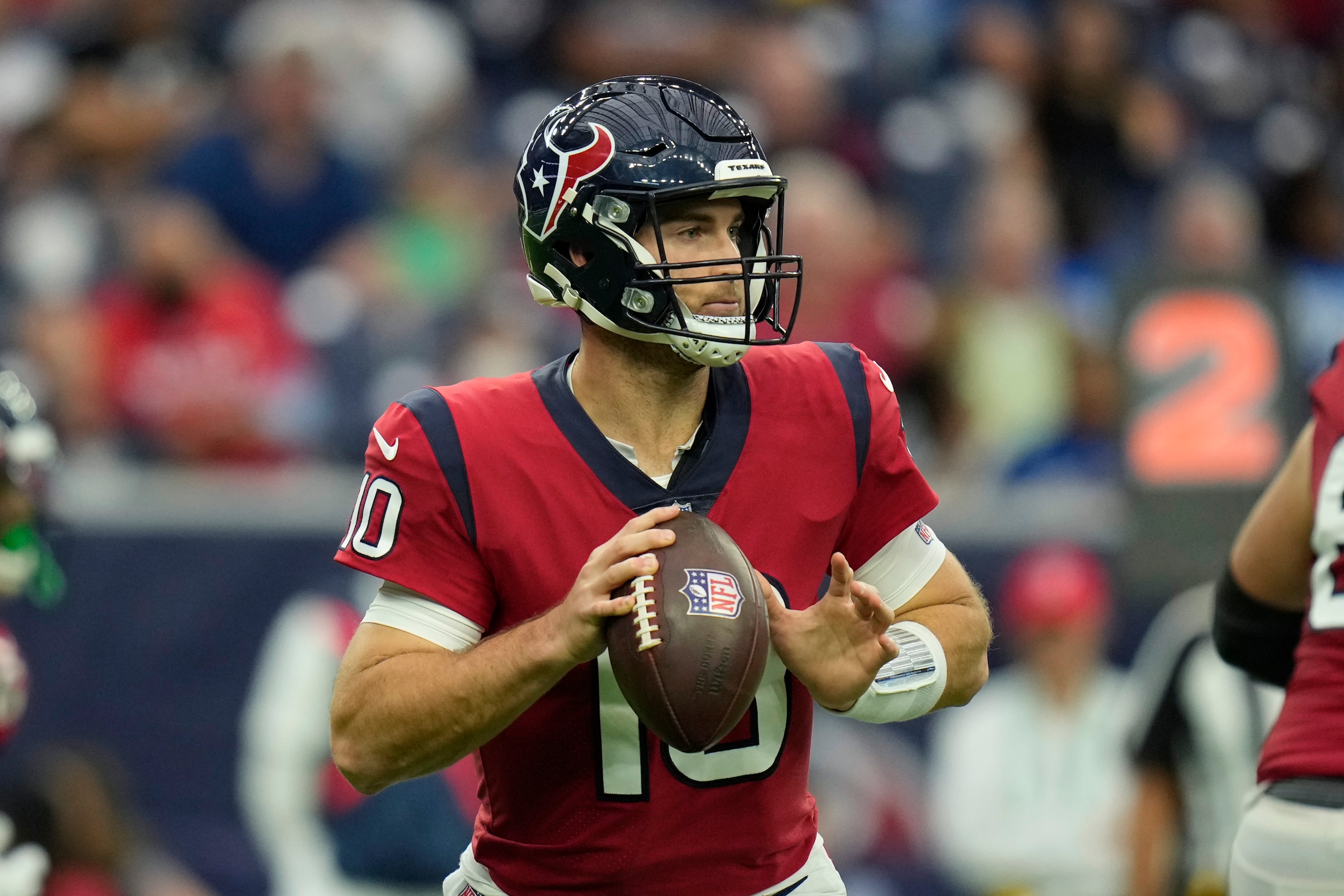 Houston Texans quarterback Davis Mills (10) throws against the Indianapolis Colts during the second half of an NFL football game, Sunday, Dec. 5, 2021, in Houston. (AP Photo/Eric Christian Smith)
