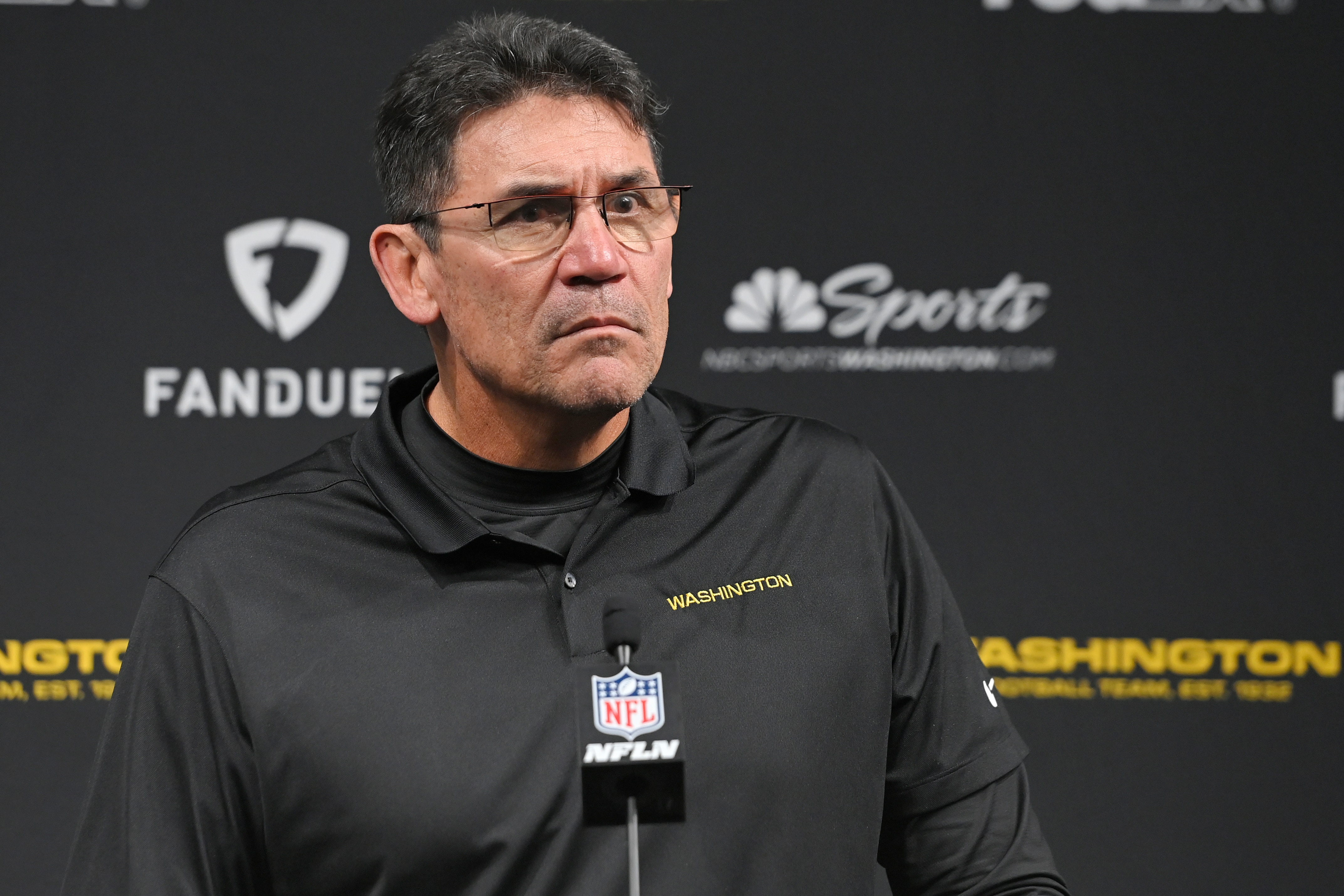 Washington Football Team head coach Ron Rivera attends a news conference after an NFL football game against the Las Vegas Raiders, Sunday, Dec. 5, 2021, in Las Vegas. (AP Photo/David Becker)