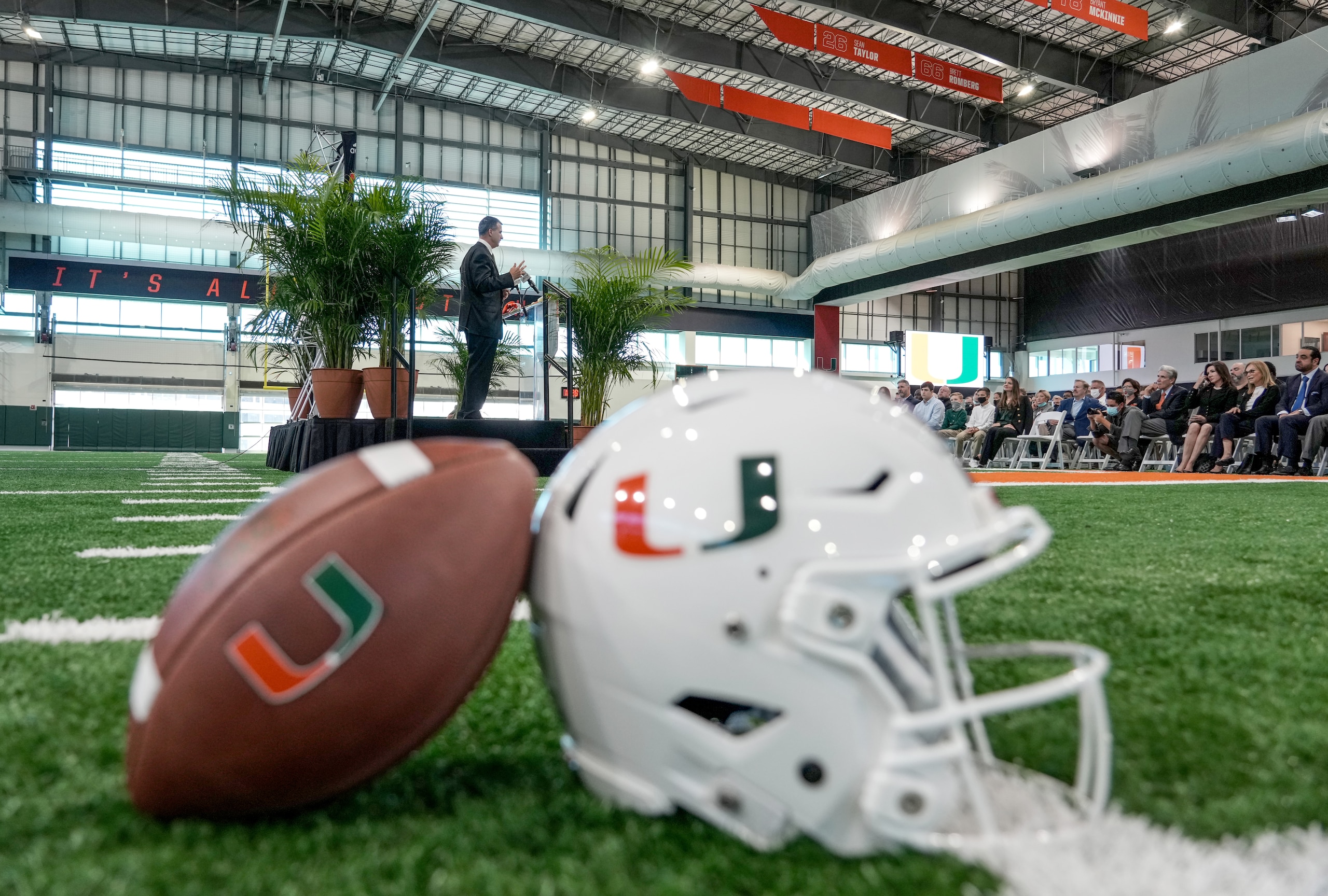 MIAMI, FLORIDA - DECEMBER 07: New Head Coach Mario Cristobal of the Miami Hurricanes speaks with the media during a press conference introducing him at the Carol Soffer Indoor Practice Facility at University of Miami on December 07, 2021 in Miami, Florida. Cristobal becomes the 26th head football coach in the program's history. (Photo by Mark Brown/Getty Images)