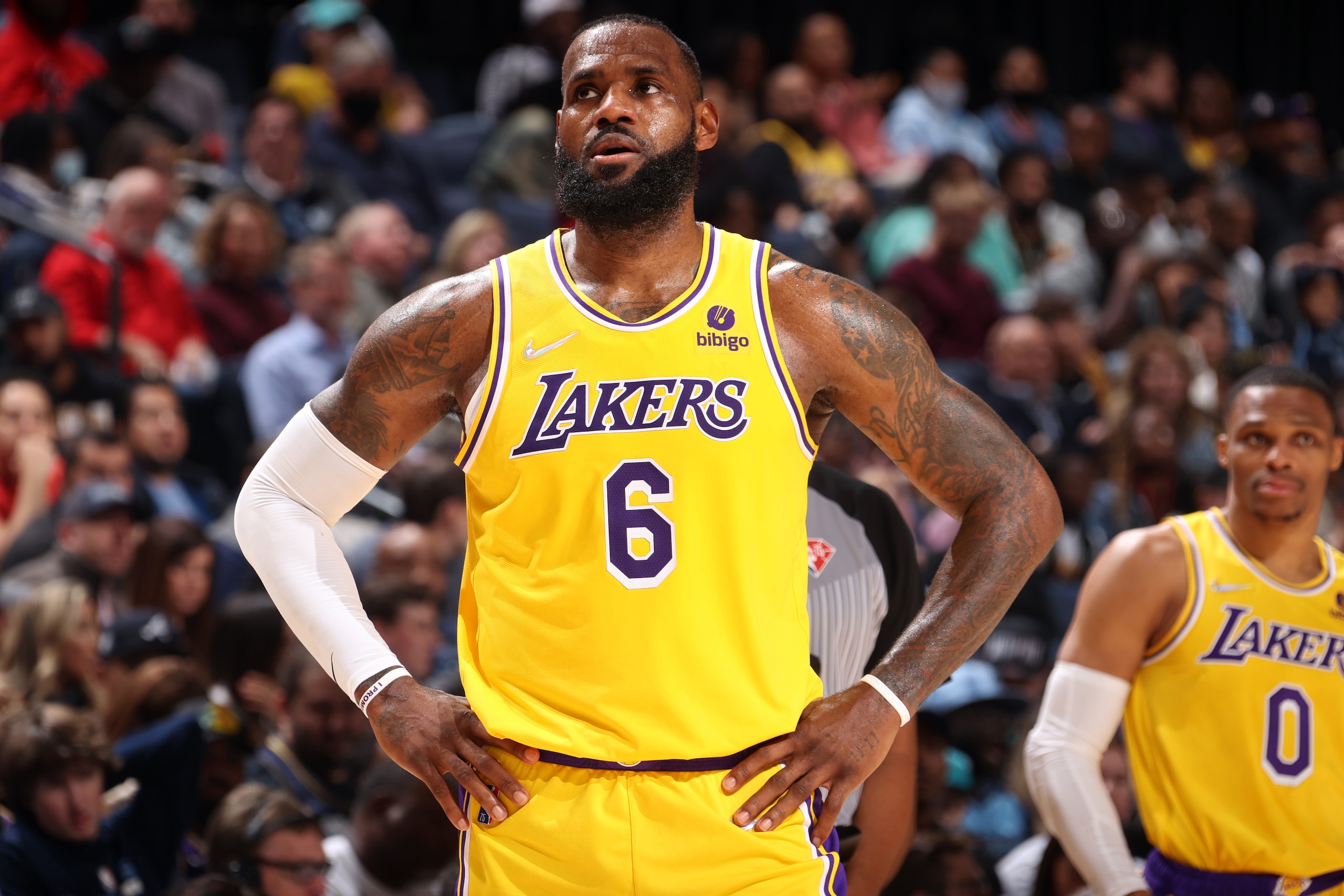 TENNESSEE, TN - DECEMBER 9: LeBron James #6 of the Los Angeles Lakers looks on during the game against the Memphis Grizzlies on December 9, 2021 at FedExForum in Memphis, Tennessee.  NOTE TO USER: User expressly acknowledges and agrees that, by downloading and or using this photograph, User is consenting to the terms and conditions of the Getty Images License Agreement. Mandatory Copyright Notice: Copyright 2021 NBAE  (Photo by Nathaniel S. Butler/NBAE via Getty Images)