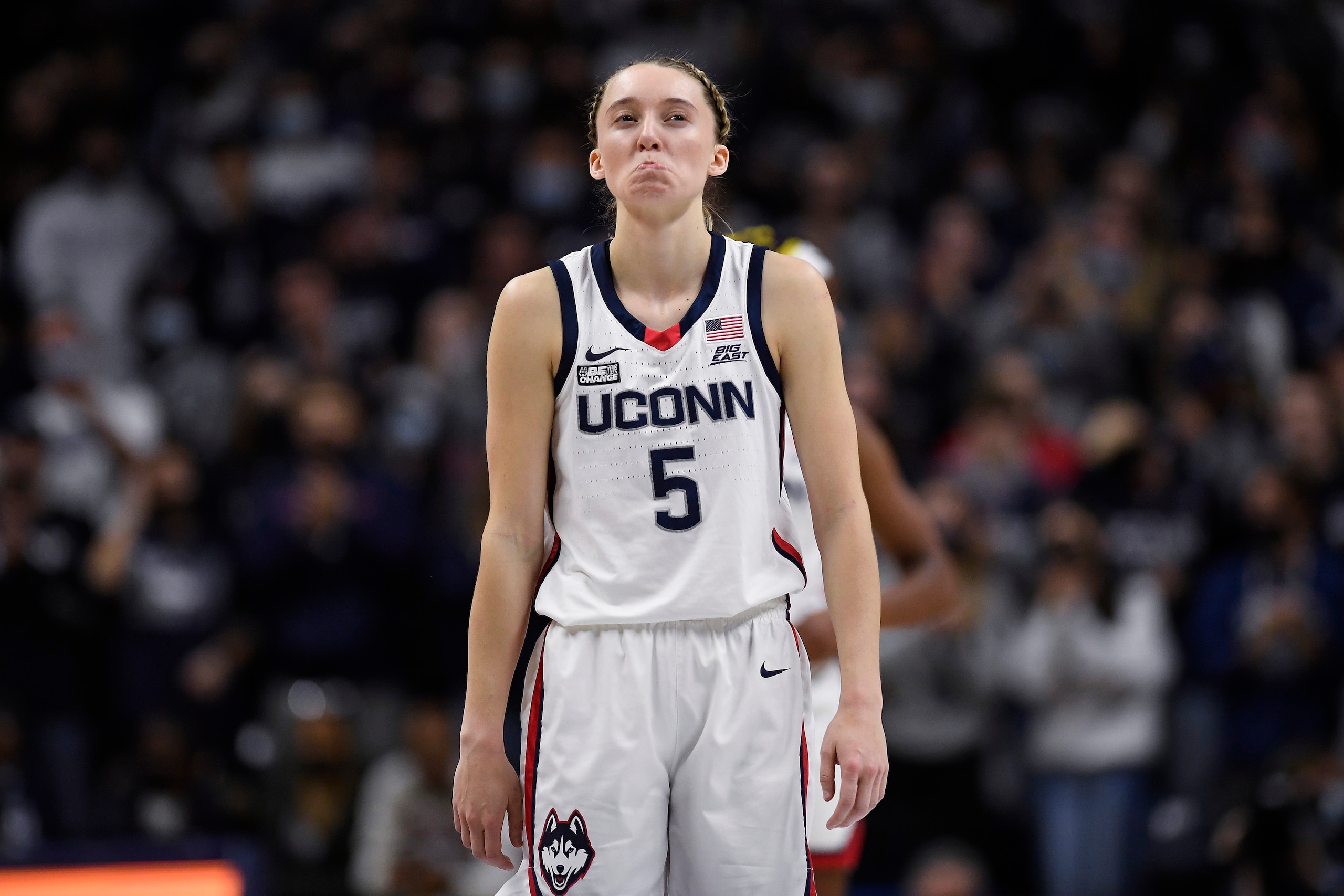 Connecticut's Paige Bueckers in the second half of an NCAA college basketball game, Sunday, Dec. 5, 2021, in Storrs, Conn. (AP Photo/Jessica Hill)