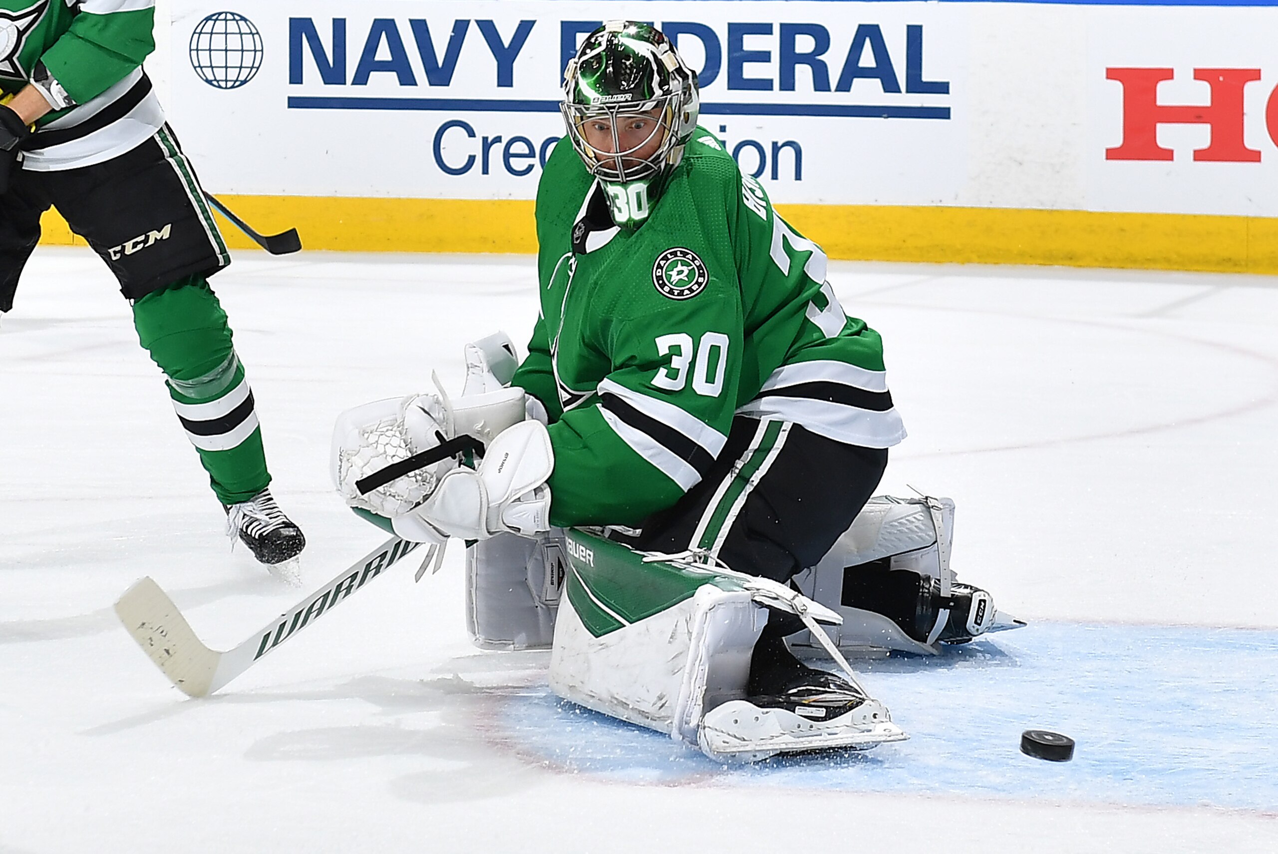 EDMONTON, ALBERTA - AUGUST 13: Goaltender Ben Bishop #30 of the Dallas Stars makes a save in the second period of Game Two of the Western Conference First Round of the 2020 NHL Stanley Cup Playoff between the Calgary Flames and the Dallas Stars at Rogers Place on August 13, 2020 in Edmonton, Alberta. (Photo by Andy Devlin/NHLI via Getty Images)