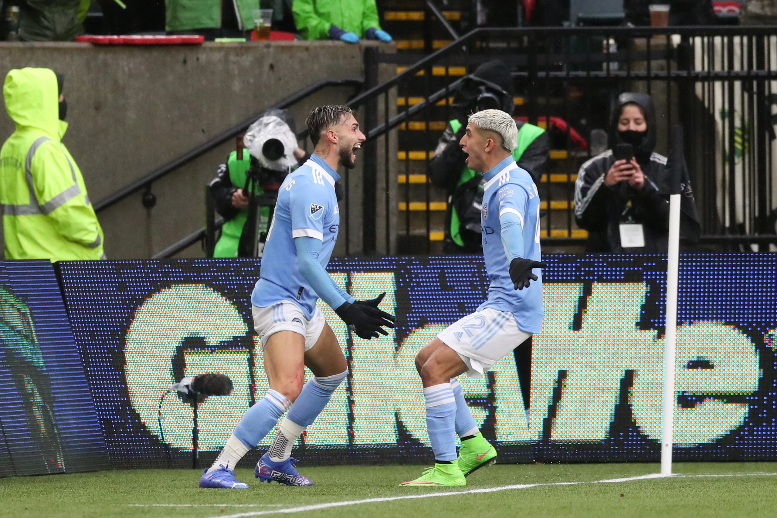 PORTLAND, OR - DECEMBER 11: Valentin Castellanos #11 of NYCFC celebrates scoring with teammate Santiago Rodriguez #42 during a game between New York City FC and Portland Timbers at Providence Park on December 11, 2021 in Portland, Oregon. (Photo by Andy Mead/ISI Photos/Getty Images)