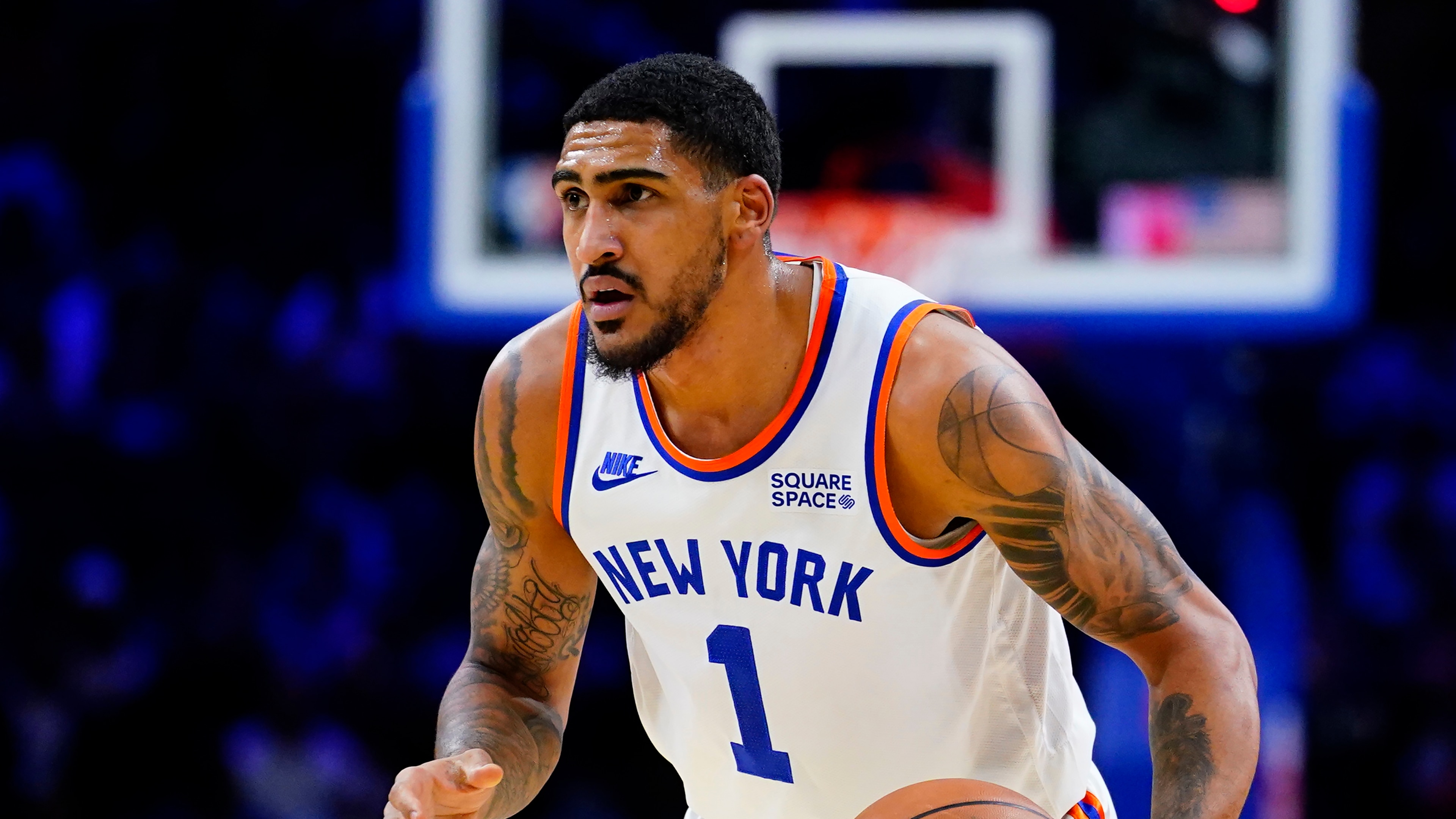 New York Knicks' Obi Toppin plays during an NBA basketball game, Monday, Nov. 8, 2021, in Philadelphia. (AP Photo/Matt Slocum)