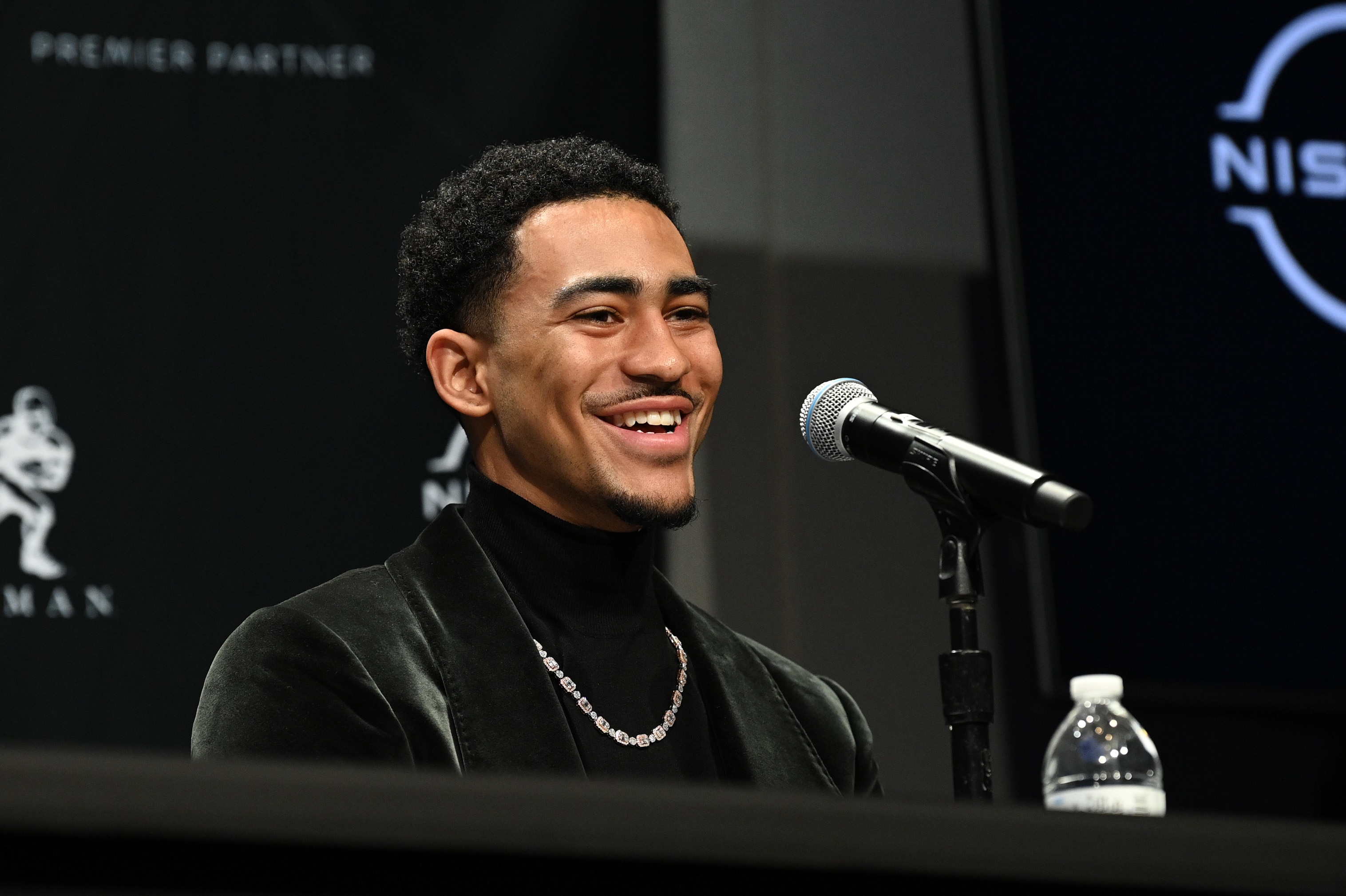 NEW YORK, NEW YORK - DECEMBER 11: The Heisman Trophy finalist quarterback Bryce Young from Alabama speaks at the 2021 Heisman Trophy finalist press conference at the Marriott Marquis Hotel on December 11, 2021 in New York City. (Photo by Bryan Bedder/Getty Images)