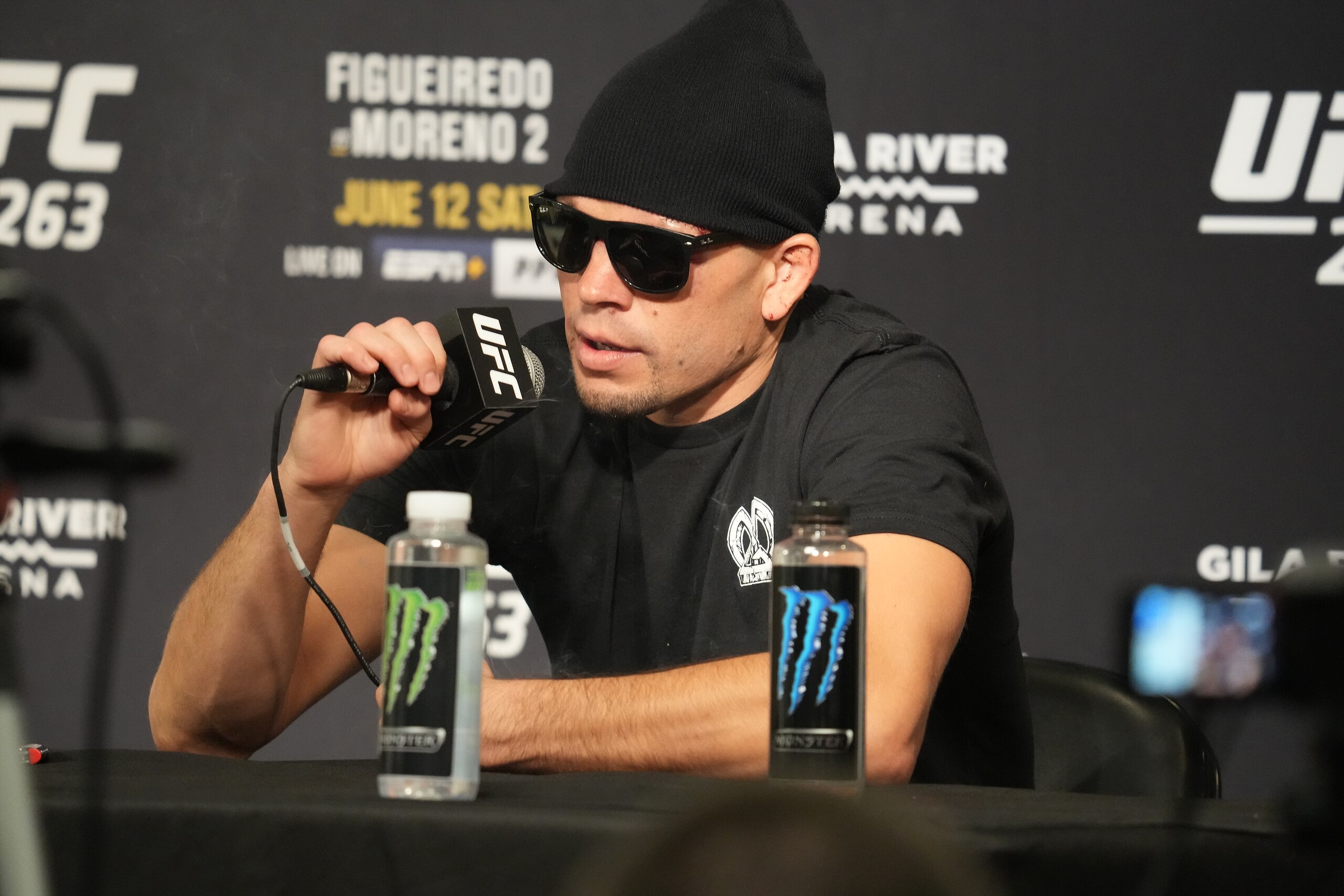 GLENDALE, AZ - JUNE 12: Nate Diaz meets with the press following his match at UFC 263 on June 12, 2021, at Gila River Arena in Glendale, AZ. (Photo by Louis Grasse/PxImages/Icon Sportswire via Getty Images)