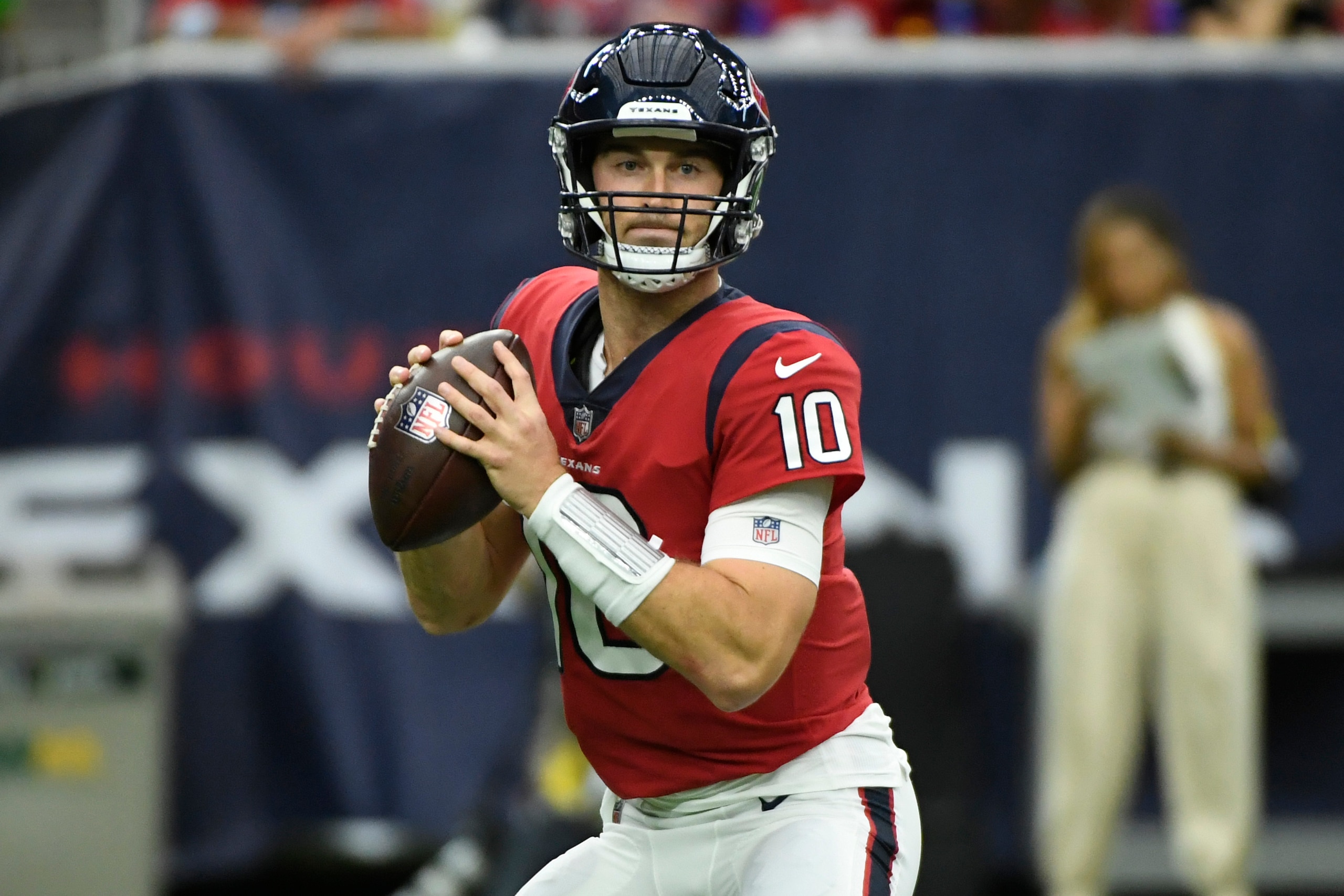 Houston Texans quarterback Davis Mills (10) looks to pass against the Indianapolis Colts during the second half of an NFL football game, Sunday, Dec. 5, 2021, in Houston. (AP Photo/Justin Rex ) Houston Texans quarterback Davis Mills (10) looks to pass against the Indianapolis Colts during the second half of an NFL football game, Sunday, Dec. 5, 2021, in Houston. (AP Photo/Justin Rex )
