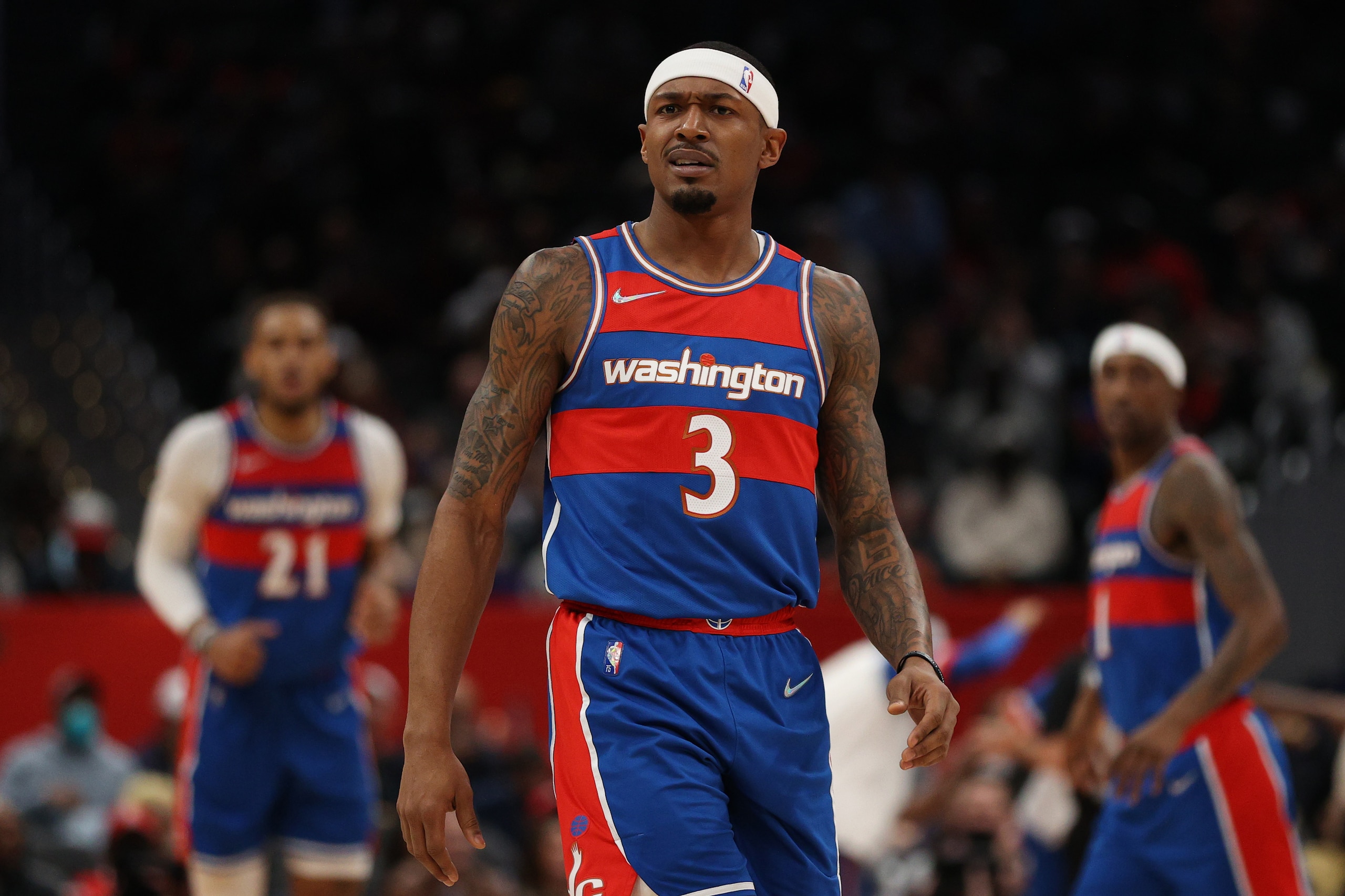 WASHINGTON, DC - DECEMBER 11: Bradley Beal #3 of the Washington Wizards reacts against the Utah Jazz during first half at Capital One Arena on December 11, 2021 in Washington, DC. NOTE TO USER: User expressly acknowledges and agrees that, by downloading and or using this photograph, User is consenting to the terms and conditions of the Getty Images License Agreement. (Photo by Patrick Smith/Getty Images)