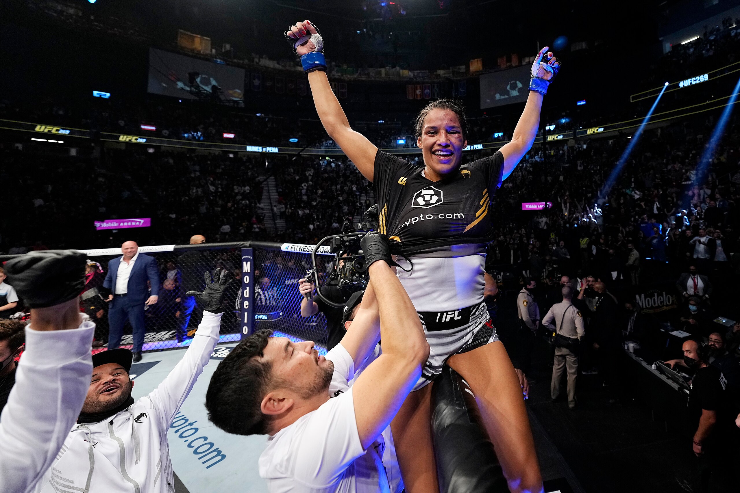 LAS VEGAS, NEVADA - DECEMBER 11: Julianna Pena celebrates her victory over Amanda Nunes of Brazil in their UFC bantamweight championship bout during the UFC 269 on December 11, 2021 in Las Vegas, Nevada. (Photo by Jeff Bottari/Zuffa LLC)