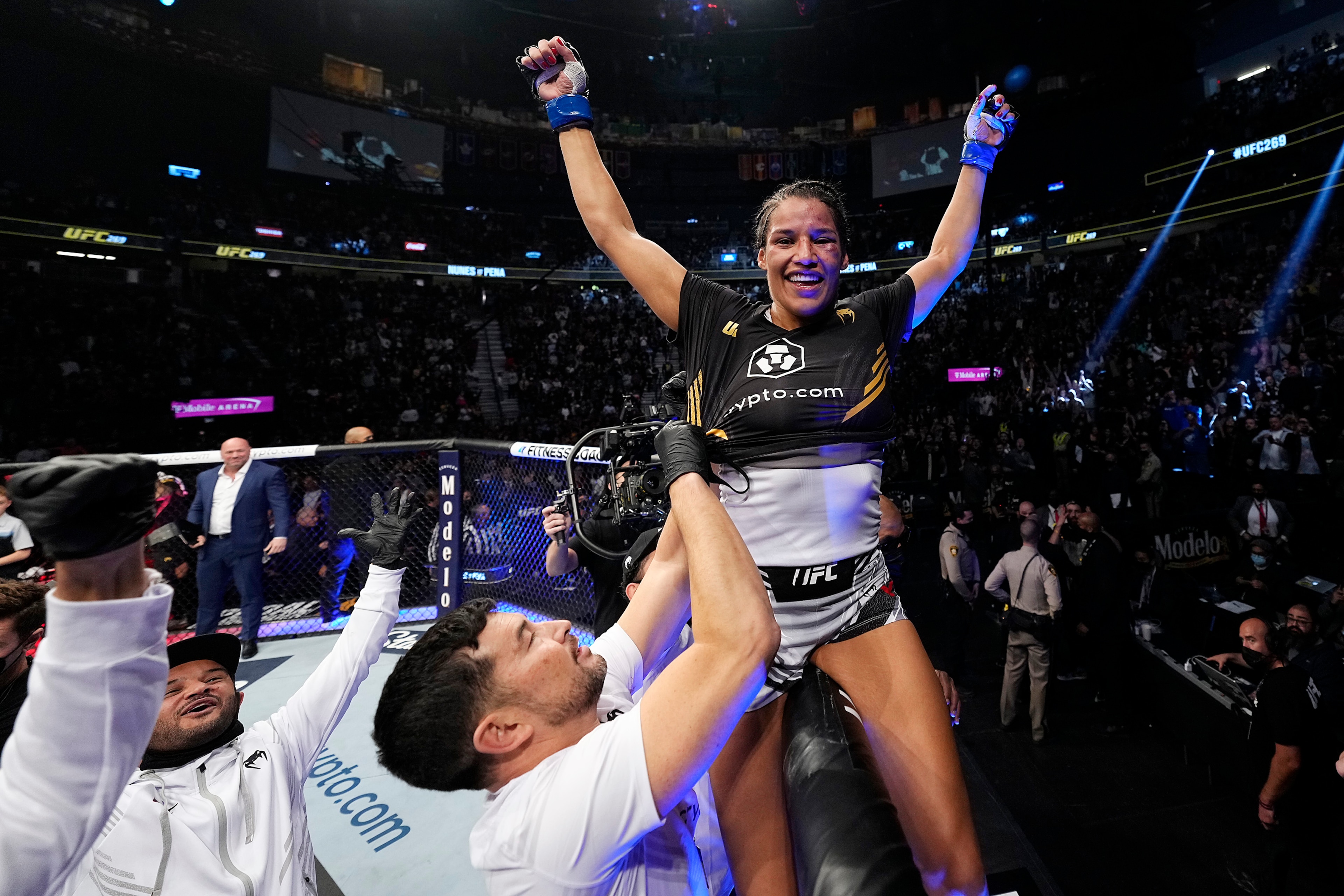 LAS VEGAS, NEVADA - DECEMBER 11: Julianna Pena celebrates her victory over Amanda Nunes of Brazil in their UFC bantamweight championship bout during the UFC 269 on December 11, 2021 in Las Vegas, Nevada. (Photo by Jeff Bottari/Zuffa LLC)