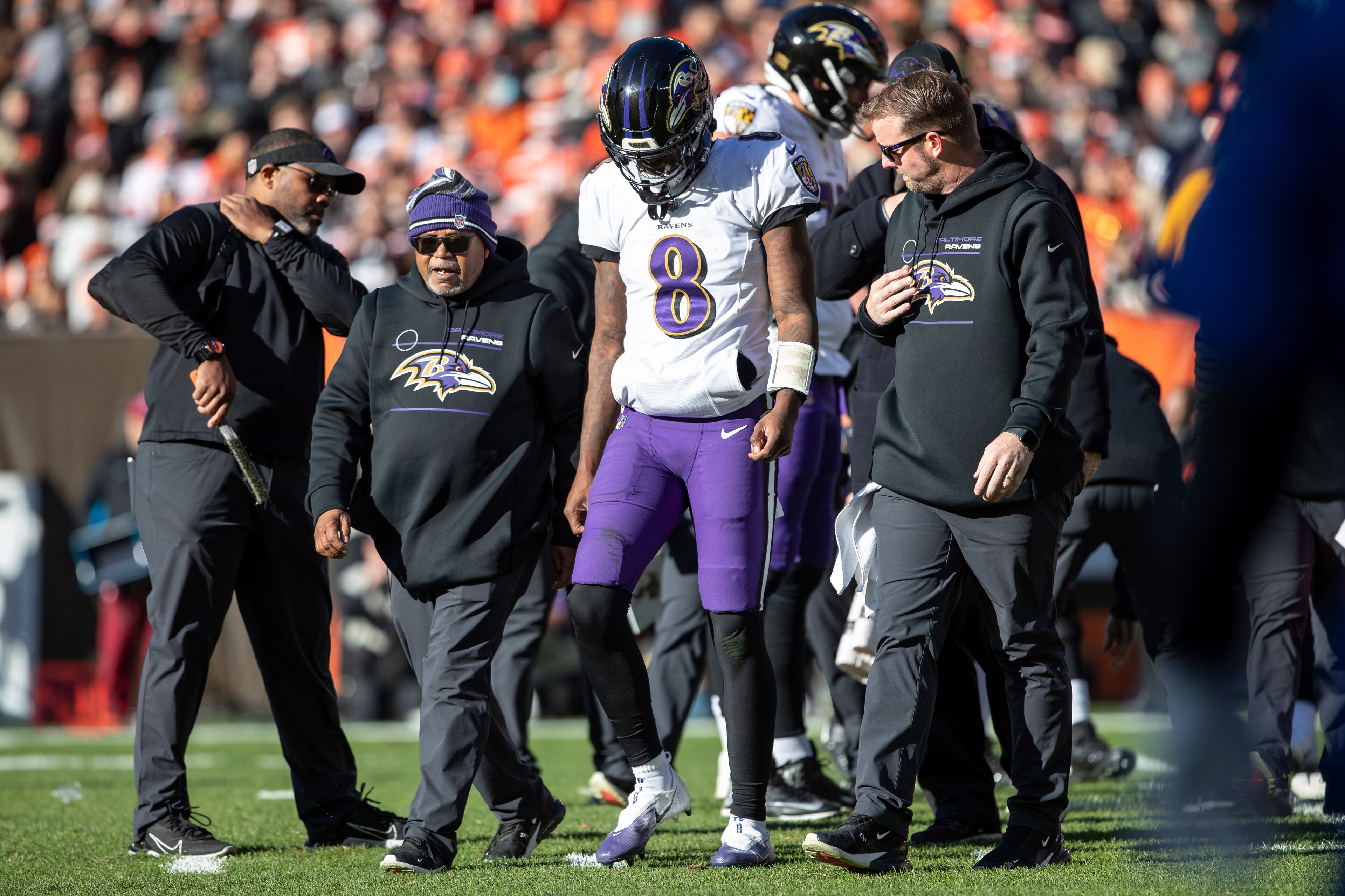 Baltimore Ravens quarterback Lamar Jackson (8) walks off the field after being injured during an NFL football game, Sunday, December 12, 2021 in Cleveland. (AP Photo/Matt Durisko) Baltimore Ravens quarterback Lamar Jackson (8) walks off the field after being injured during an NFL football game, Sunday, December 12, 2021 in Cleveland. (AP Photo/Matt Durisko)