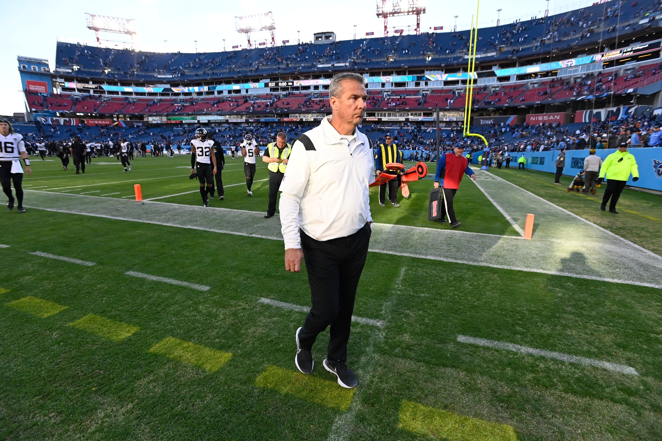 Jacksonville Jaguars head coach Urban Meyer walks off the field after an NFL football game against the Tennessee Titans , Sunday, Dec. 12, 2021, in Nashville, Tenn. The Tennessee Titans won 20-0. (AP Photo/Mark Zaleski) Jacksonville Jaguars head coach Urban Meyer walks off the field after an NFL football game against the Tennessee Titans , Sunday, Dec. 12, 2021, in Nashville, Tenn. The Tennessee Titans won 20-0. (AP Photo/Mark Zaleski)