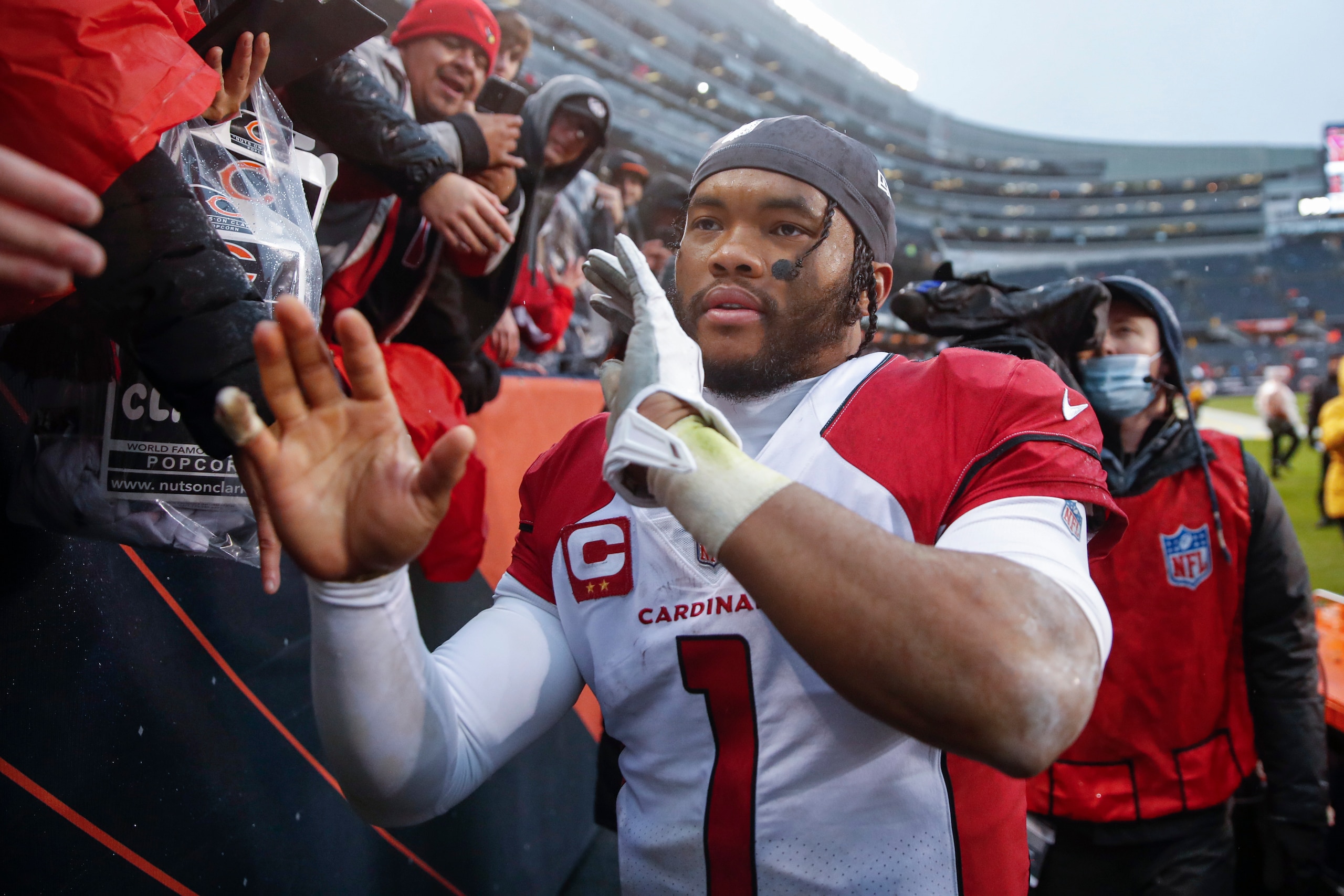 Arizona Cardinals quarterback Kyler Murray (1) walks off the field after an NFL football game against the Chicago Bears, Sunday, Dec. 5, 2021, in Chicago. (AP Photo/Kamil Krzaczynski)