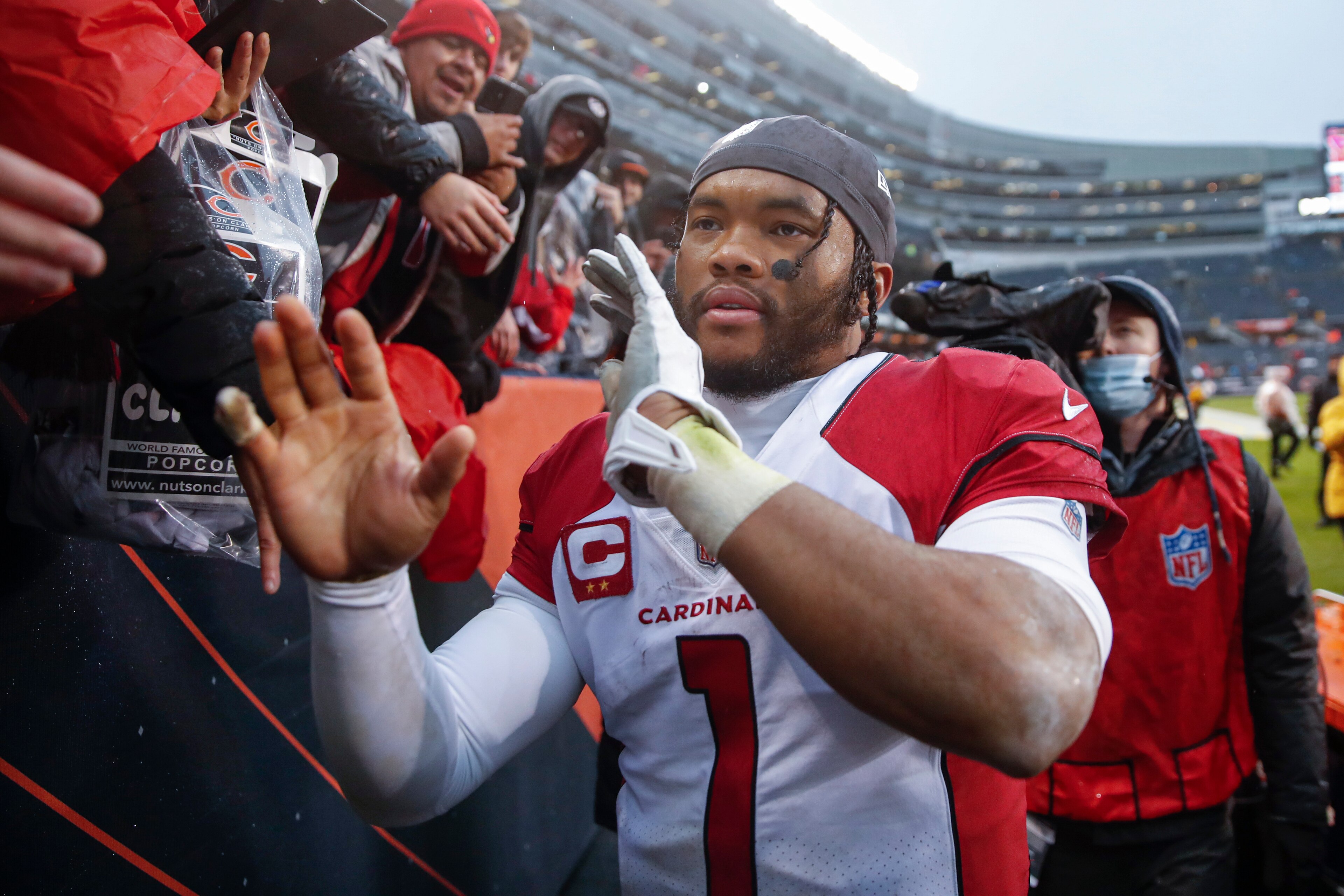 Arizona Cardinals quarterback Kyler Murray (1) walks off the field after an NFL football game against the Chicago Bears, Sunday, Dec. 5, 2021, in Chicago. (AP Photo/Kamil Krzaczynski)