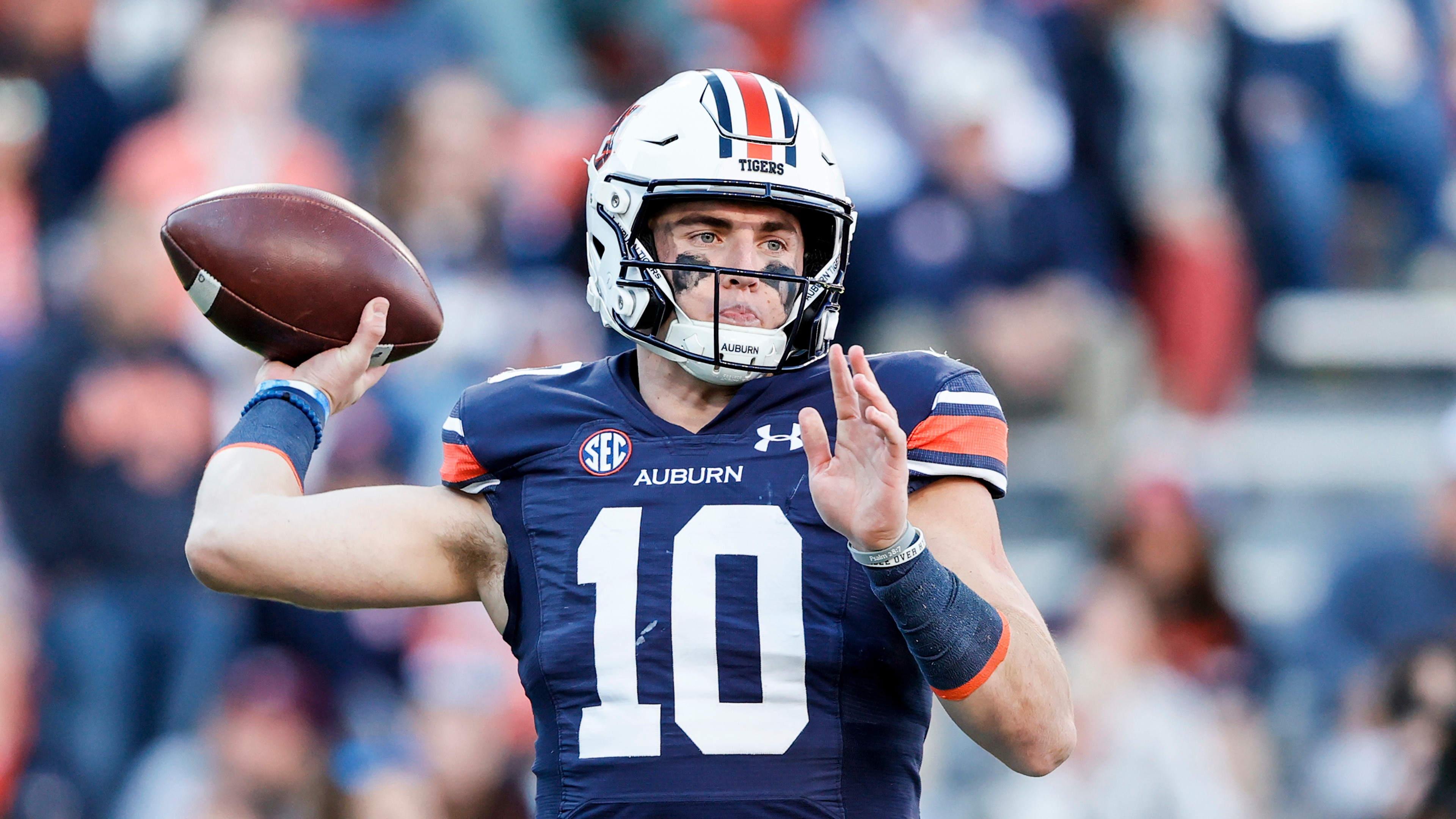 Auburn quarterback Bo Nix (10) throws a pass during the second half of an NCAA college football game against Mississippi State Saturday, Nov. 13, 2021, in Auburn, Ala. (AP Photo/Butch Dill)