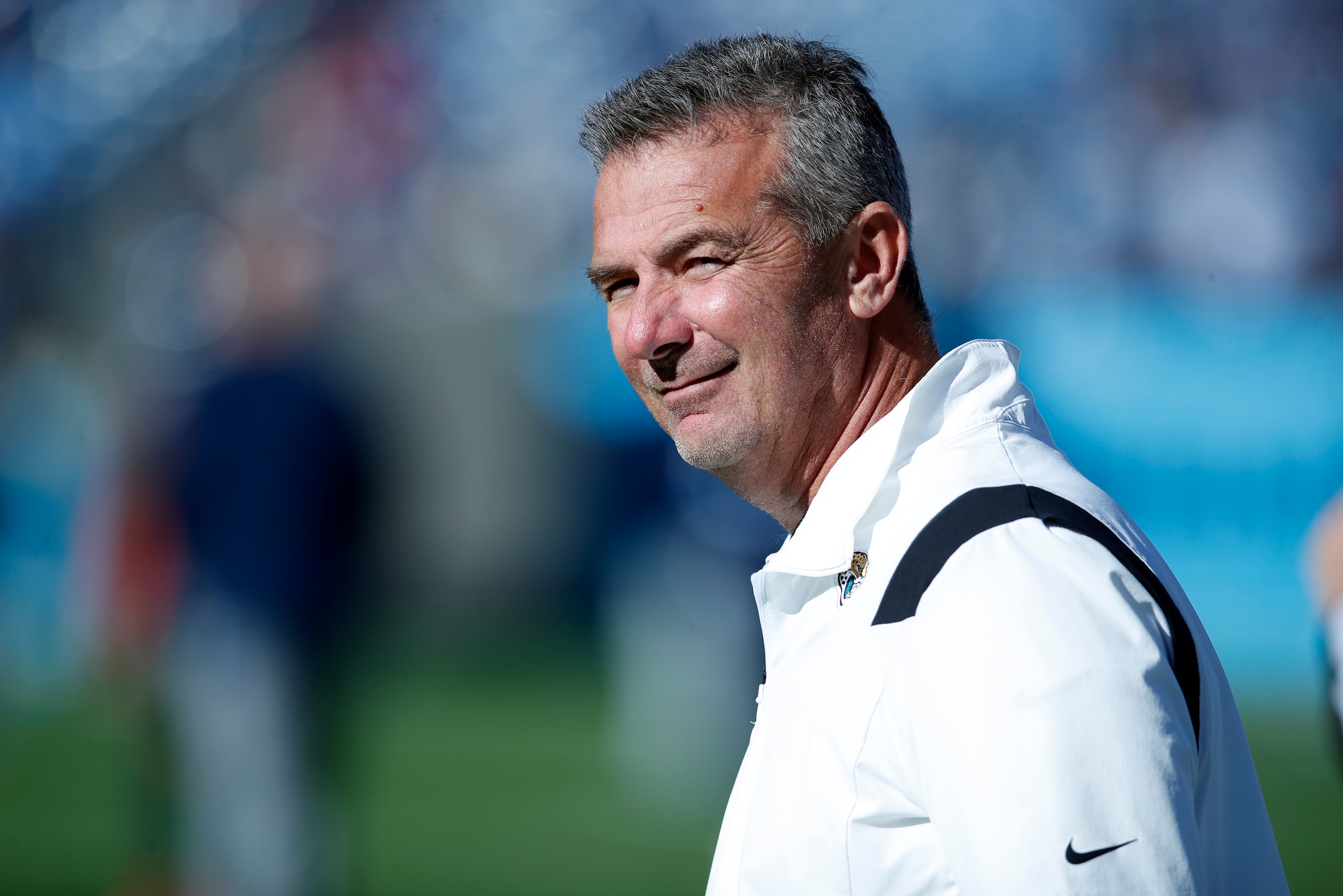 Jacksonville Jaguars head coach Urban Meyer walks the sideline before an NFL football game against the Tennessee Titans, Sunday, Dec. 12, 2021, in Nashville. The Titans won the game 20-0. (Jeff Haynes/AP Images for Panini)
