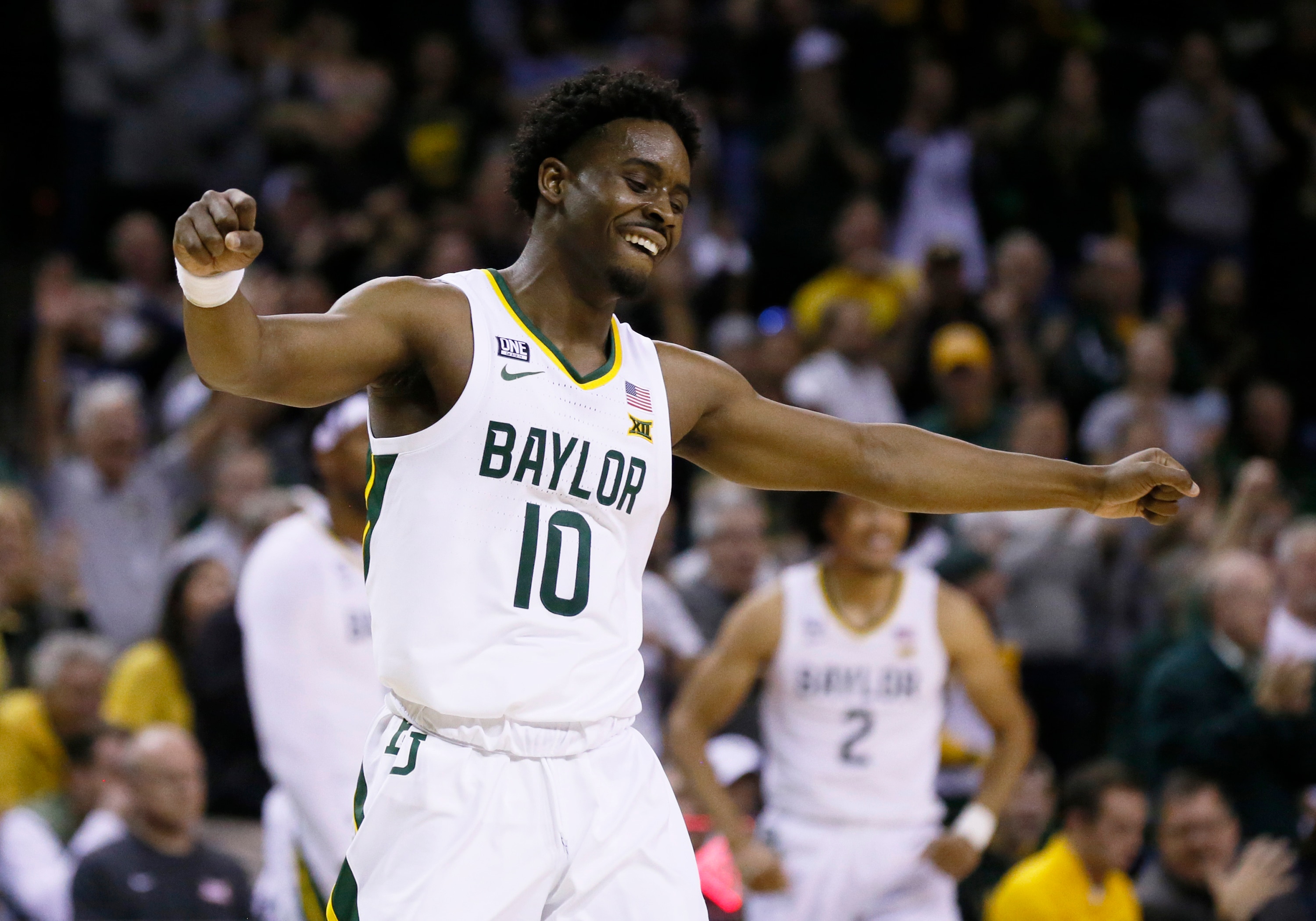 Baylor guard Adam Flagler reacts to a foul call against Villanova during the first half of an NCAA college basketball game on Sunday, Dec. 12, 2021, in Waco, Texas. (AP Photo/Ray Carlin)