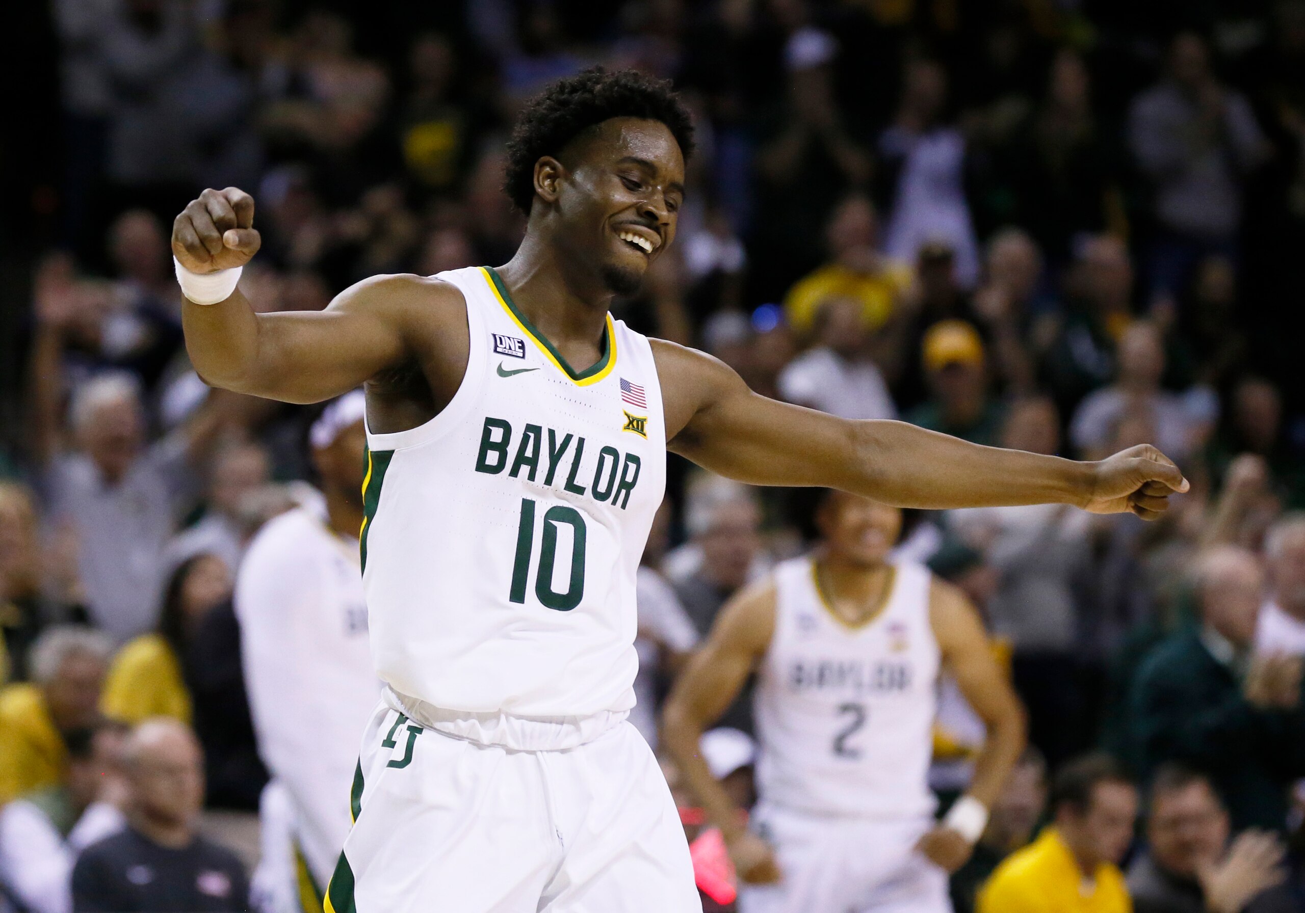 Baylor guard Adam Flagler reacts to a foul call against Villanova during the first half of an NCAA college basketball game on Sunday, Dec. 12, 2021, in Waco, Texas. (AP Photo/Ray Carlin)