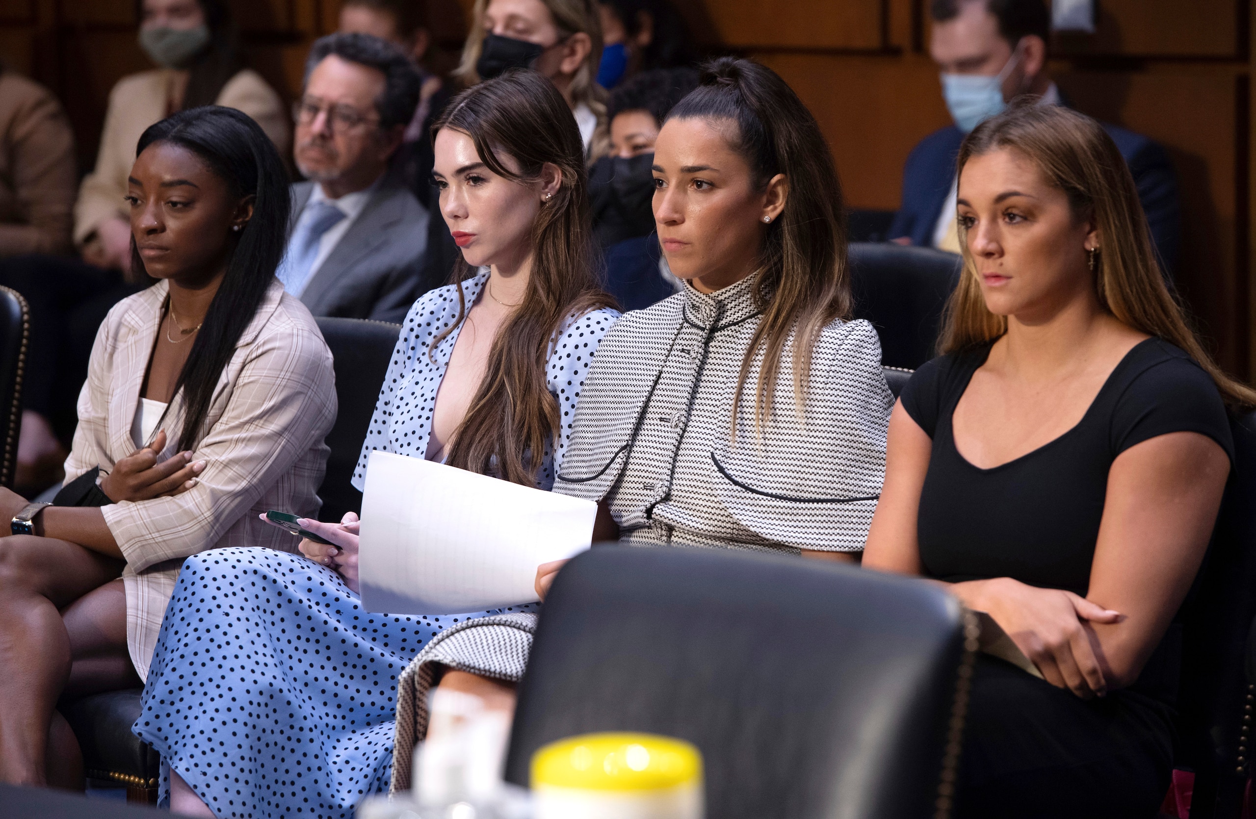 United States gymnasts from left, Simone Biles, McKayla Maroney, Aly Raisman and Maggie Nichols, arrive to testify during a Senate Judiciary hearing about the Inspector General's report on the FBI's handling of the Larry Nassar investigation on Capitol Hill, Wednesday, Sept. 15, 2021, in Washington. Nassar was charged in 2016 with federal child pornography offenses and sexual abuse charges in Michigan. He is now serving decades in prison after hundreds of girls and women said he sexually abused them under the guise of medical treatment when he worked for Michigan State and Indiana-based USA Gymnastics, which trains Olympians. (Saul Loeb/Pool via AP)