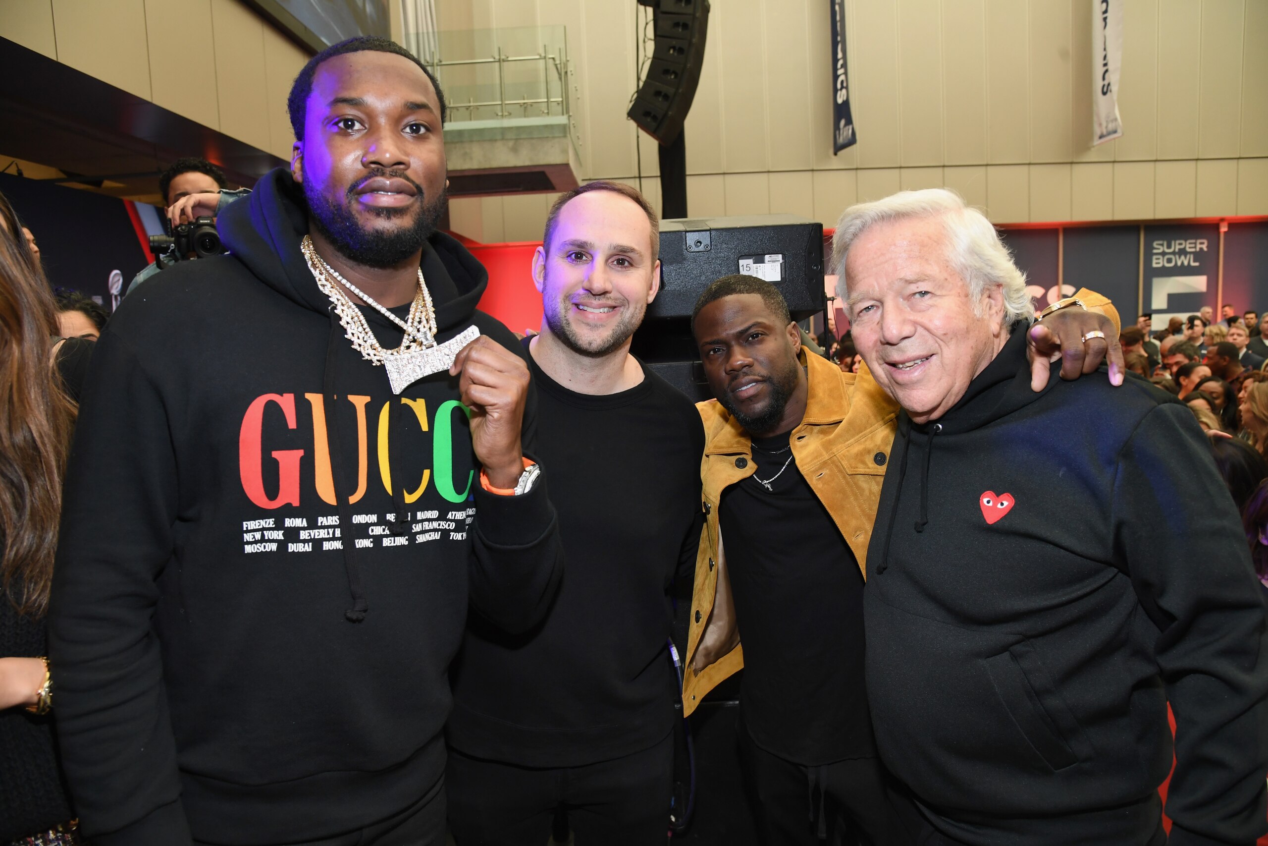 ATLANTA, GA - FEBRUARY 02: (L-R) Meek Mill, Fanatics Founder/Executive Chairman Michael Rubin, Kevin Hart and Robert Kraft attend Fanatics Super Bowl Party at College Football Hall of Fame on February 2, 2019 in Atlanta, Georgia. (Photo by Kevin Mazur/Getty Images for Fanatics) ATLANTA, GA - FEBRUARY 02: (L-R) Meek Mill, Fanatics Founder/Executive Chairman Michael Rubin, Kevin Hart and Robert Kraft attend Fanatics Super Bowl Party at College Football Hall of Fame on February 2, 2019 in Atlanta, Georgia. (Photo by Kevin Mazur/Getty Images for Fanatics)