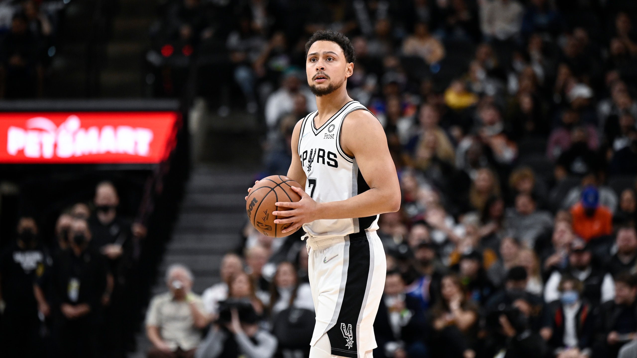 San Antonio Spurs' Bryn Forbes walks up the court during the second half of an NBA basketball game against the New York Knicks, Tuesday, Dec. 7, 2021, in San Antonio. New York won 121-109. (AP Photo/Darren Abate) San Antonio Spurs' Bryn Forbes walks up the court during the second half of an NBA basketball game against the New York Knicks, Tuesday, Dec. 7, 2021, in San Antonio. New York won 121-109. (AP Photo/Darren Abate)