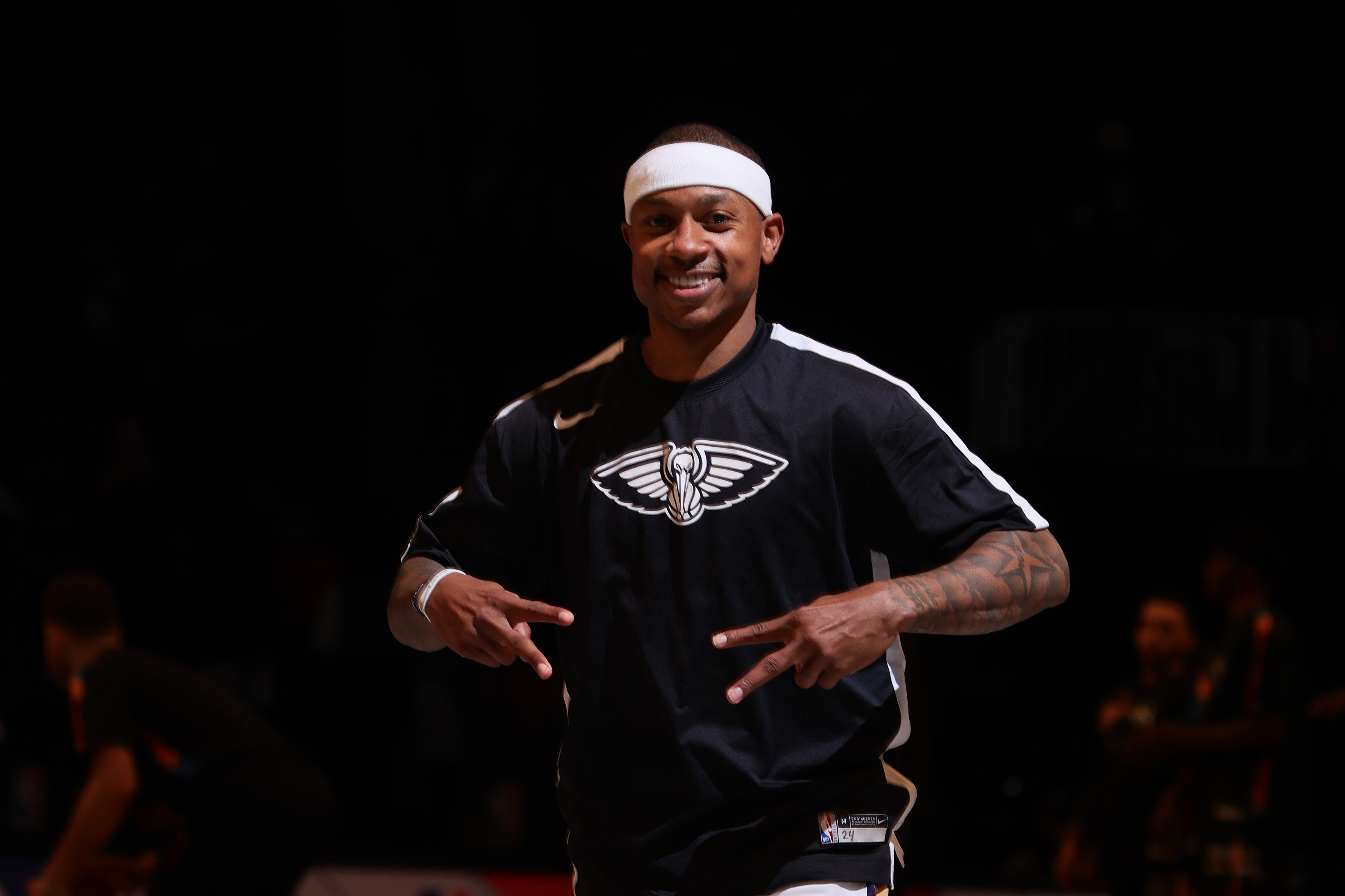 BROOKLYN, NY - APRIL 7:  Isaiah Thomas #24 of the New Orleans Pelicans smiles before the second half of the game against the Brooklyn Nets on April 7, 2021 at Barclays Center in Brooklyn, New York. NOTE TO USER: User expressly acknowledges and agrees that, by downloading and or using this Photograph, user is consenting to the terms and conditions of the Getty Images License Agreement. Mandatory Copyright Notice: Copyright 2021 NBAE (Photo by Nathaniel S. Butler/NBAE via Getty Images)