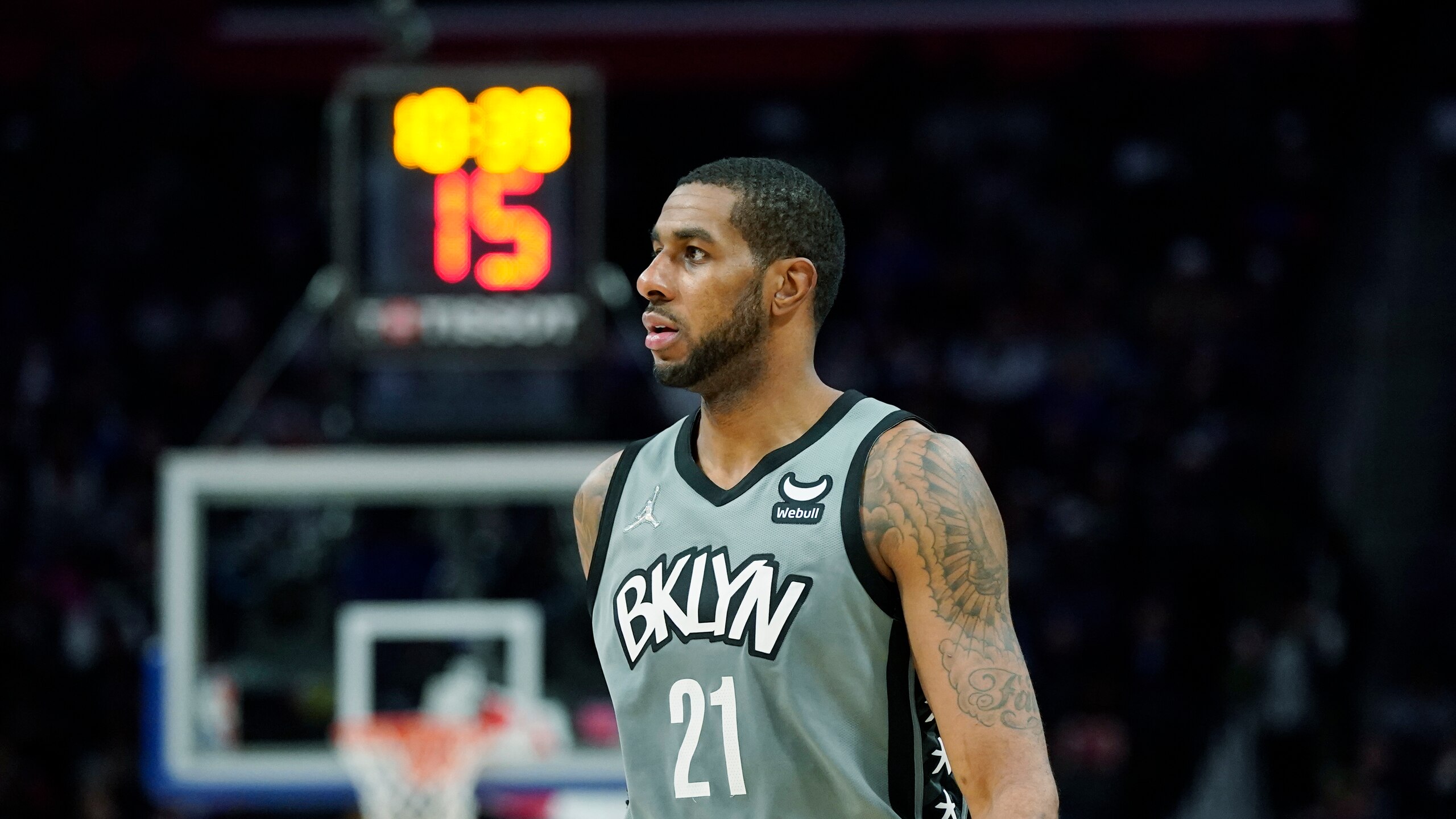 Brooklyn Nets center LaMarcus Aldridge plays during the first half of an NBA basketball game, Sunday, Dec. 12, 2021, in Detroit. (AP Photo/Carlos Osorio)