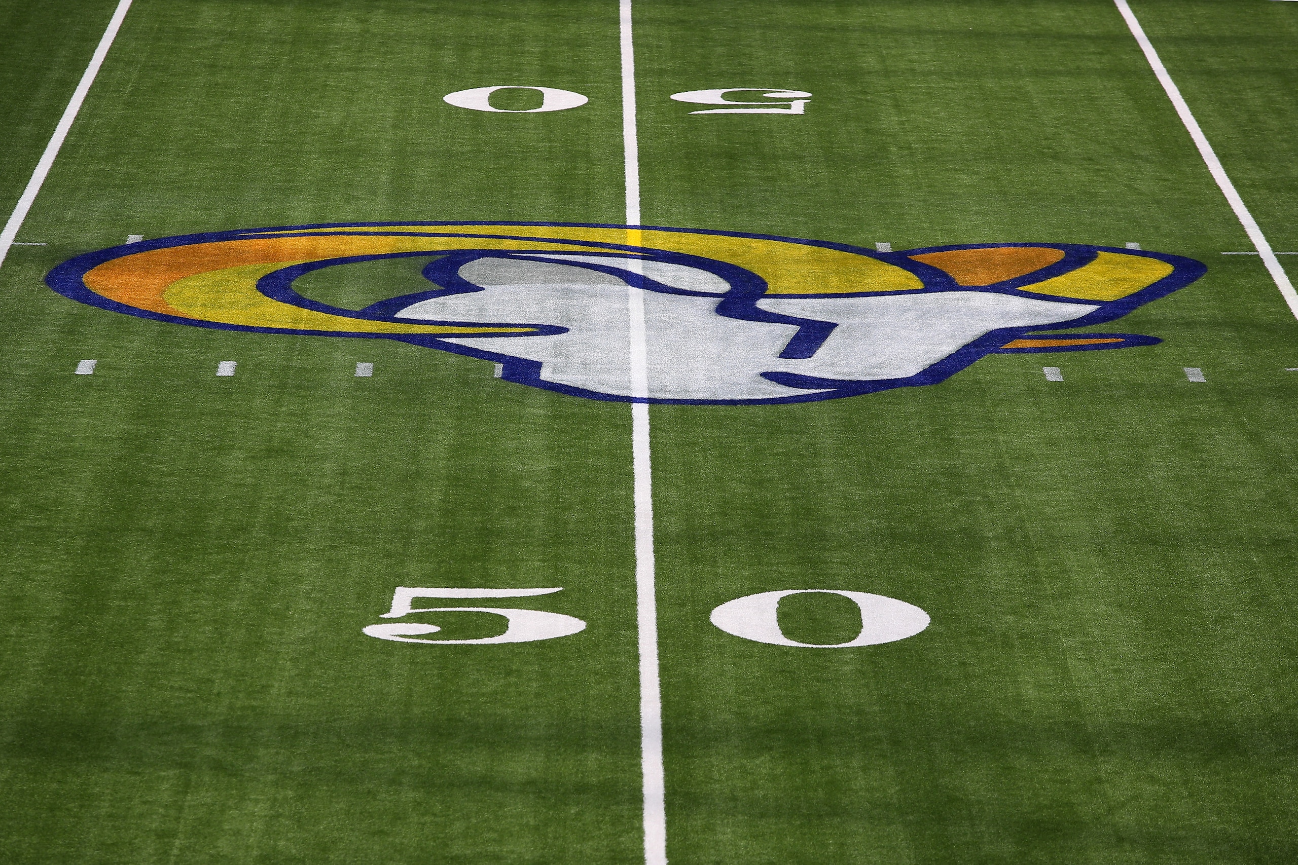 INGLEWOOD, CALIFORNIA - AUGUST 29: A general view of the Los Angeles Rams logo on the field prior to a Los Angeles Rams team scrimmage on August 29, 2020 in Inglewood, California. (Photo by Sean M. Haffey/Getty Images)